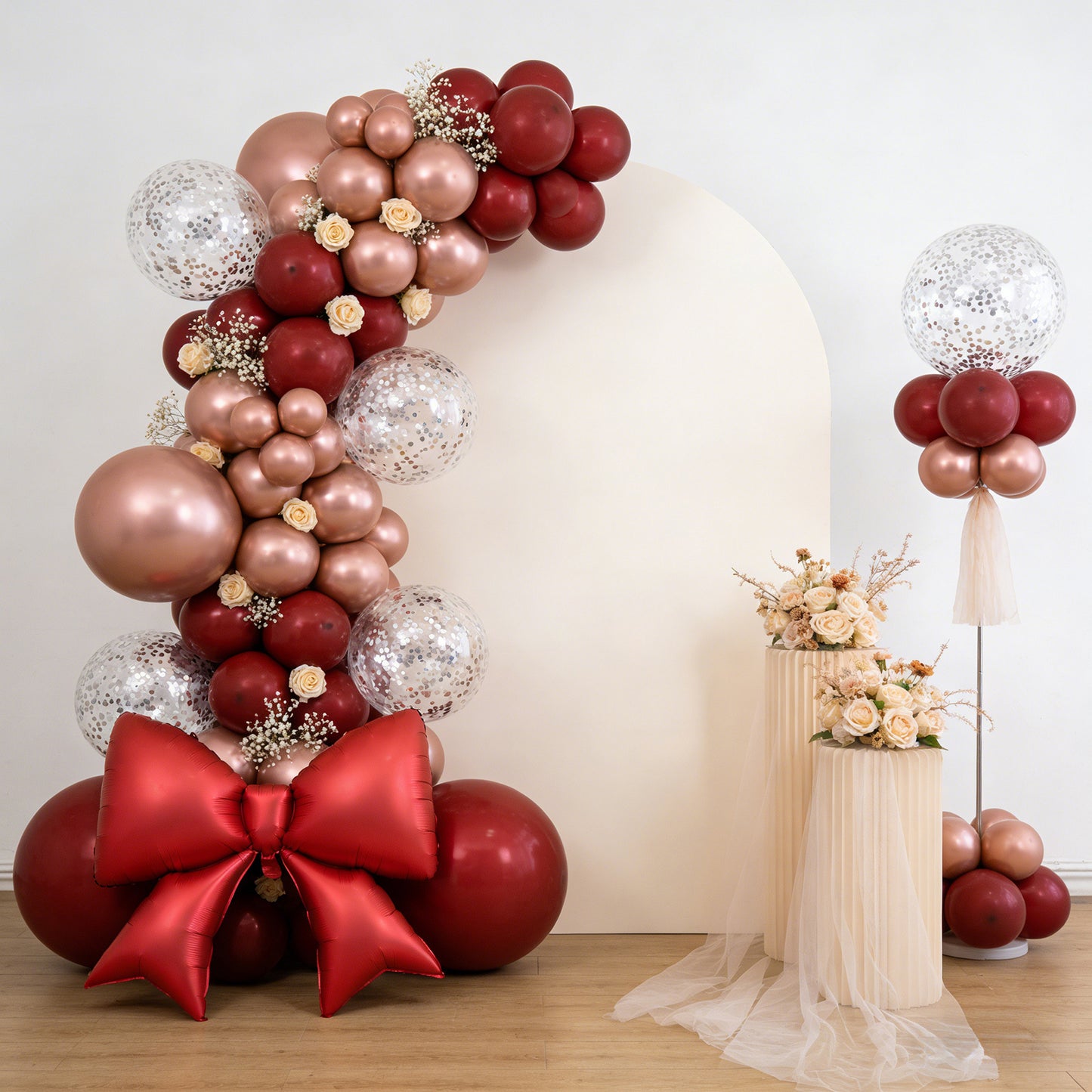Matte red giant decorative foil bow balloons for event styling.