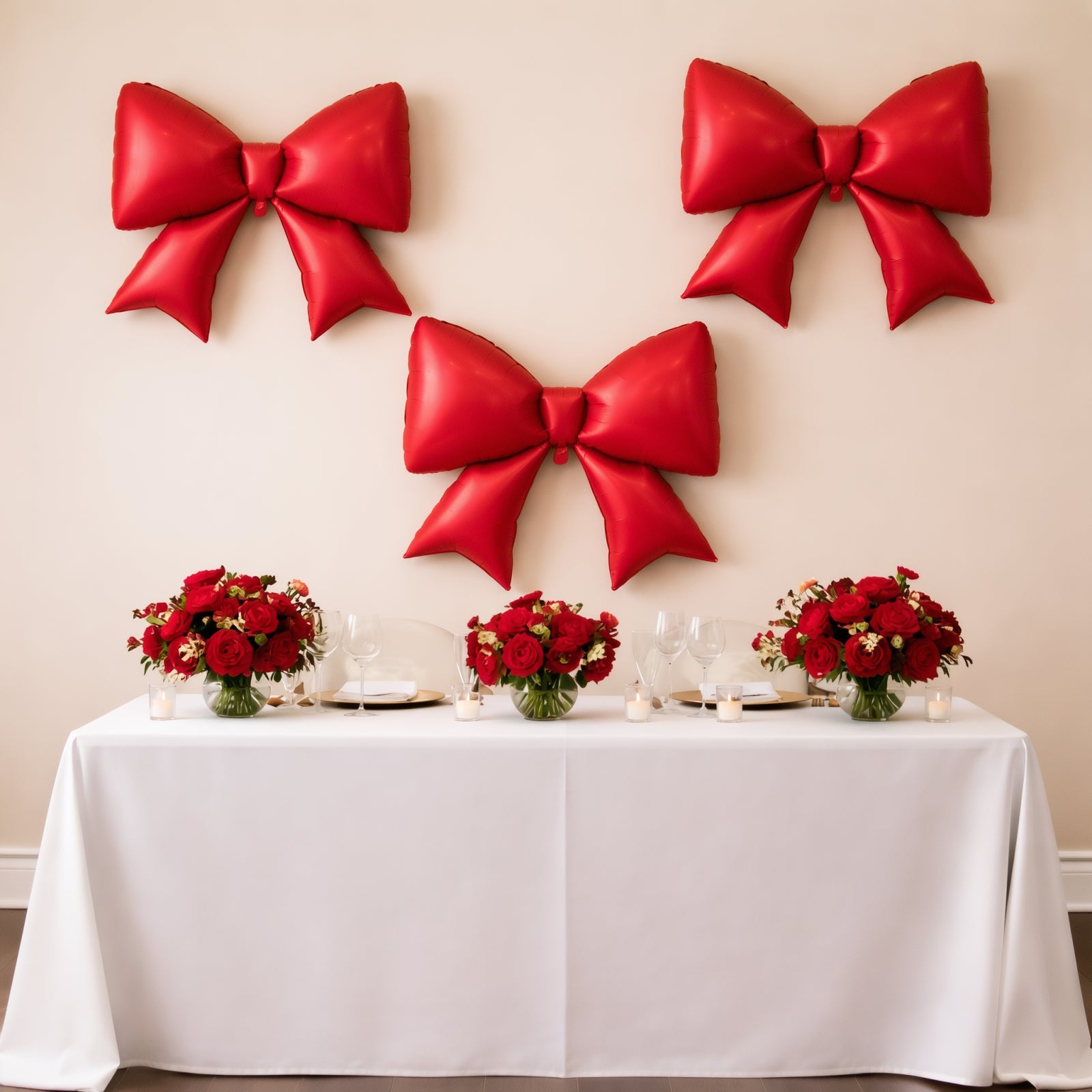 Matte red giant decorative foil bow balloons on a wall above a festive table setting.