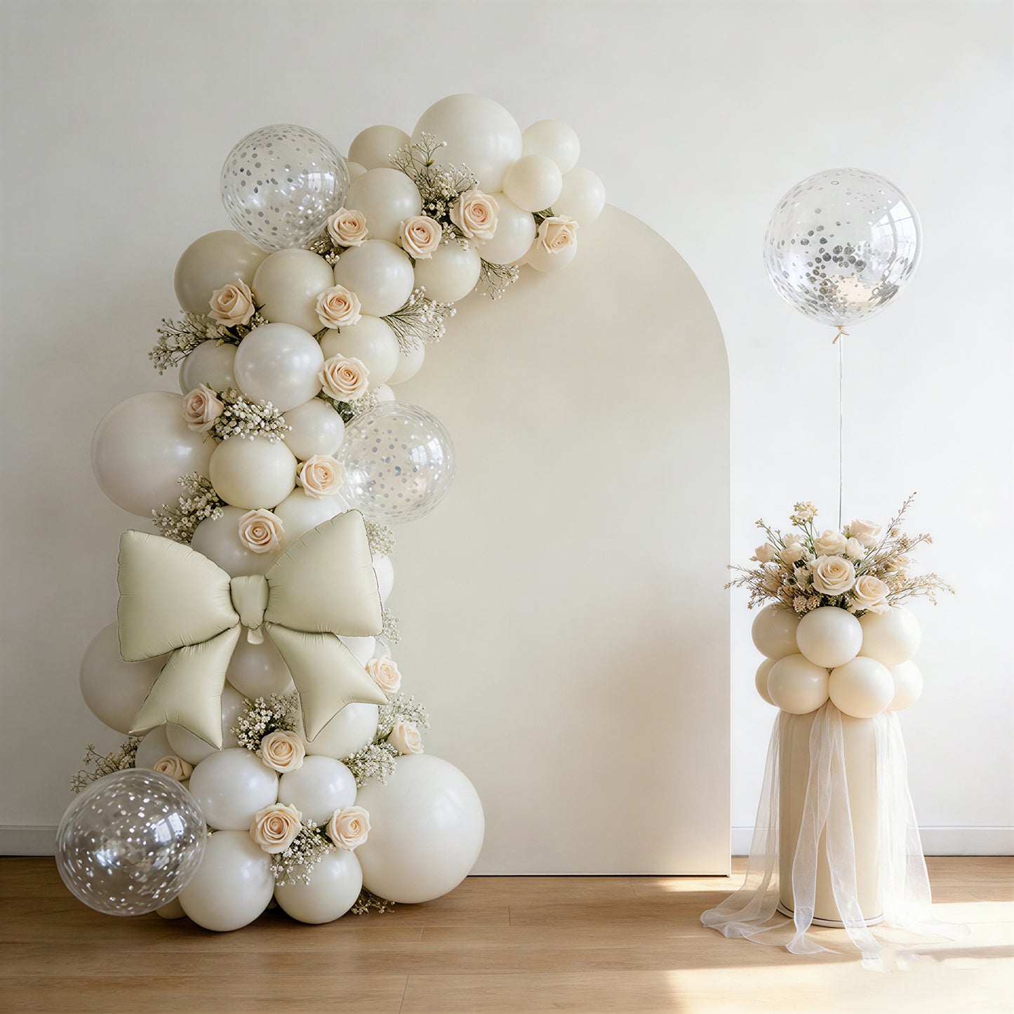 Matte white giant decorative foil bow balloons for event styling and backdrops.