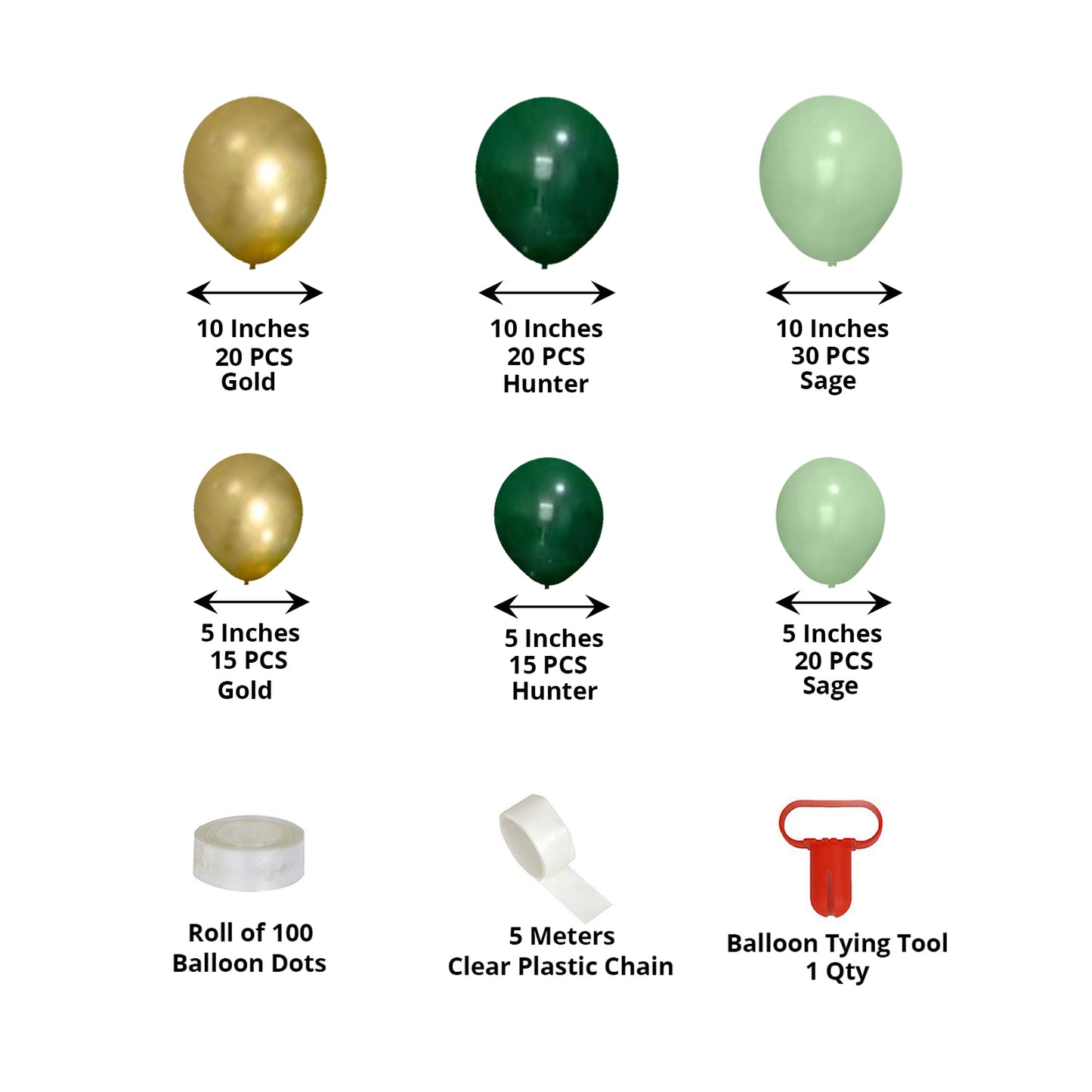 120 Pack Assorted Gold Green Latex Balloon Arch Kit, DIY Party Balloon Garland Decorations - Gold / Hunter Emerald Green / Sage Green