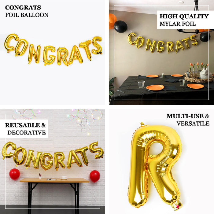 Shiny gold "Congrats" mylar foil balloon banner sign for celebrations.