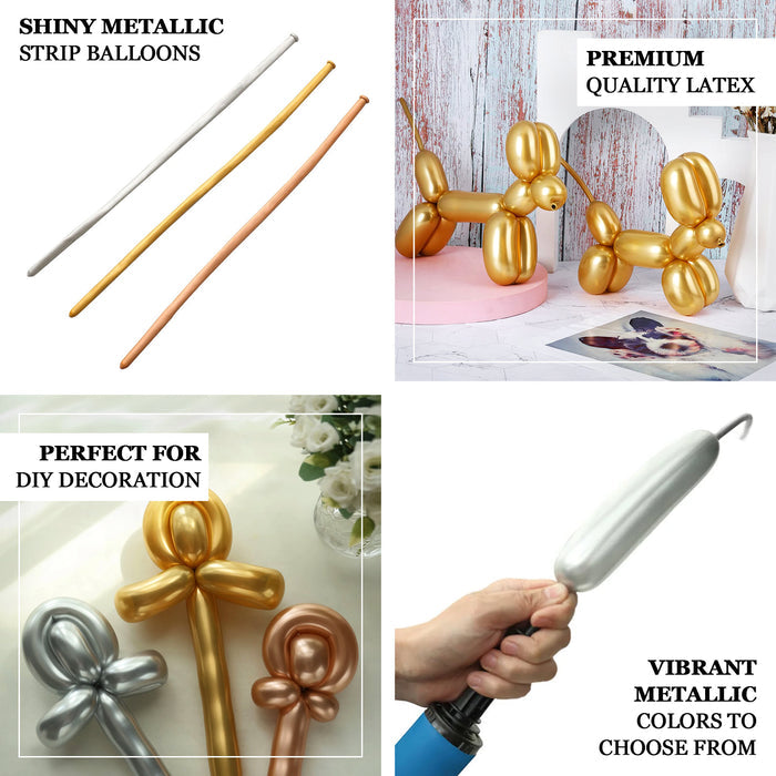 Assorted metallic silver long latex balloons for twisting and animal modeling.