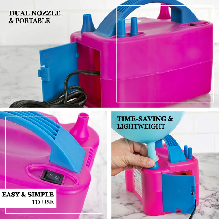 600W Hot Pink Dual Nozzle Electric Balloon Pump, Balloon Inflator, Blow Up Machine