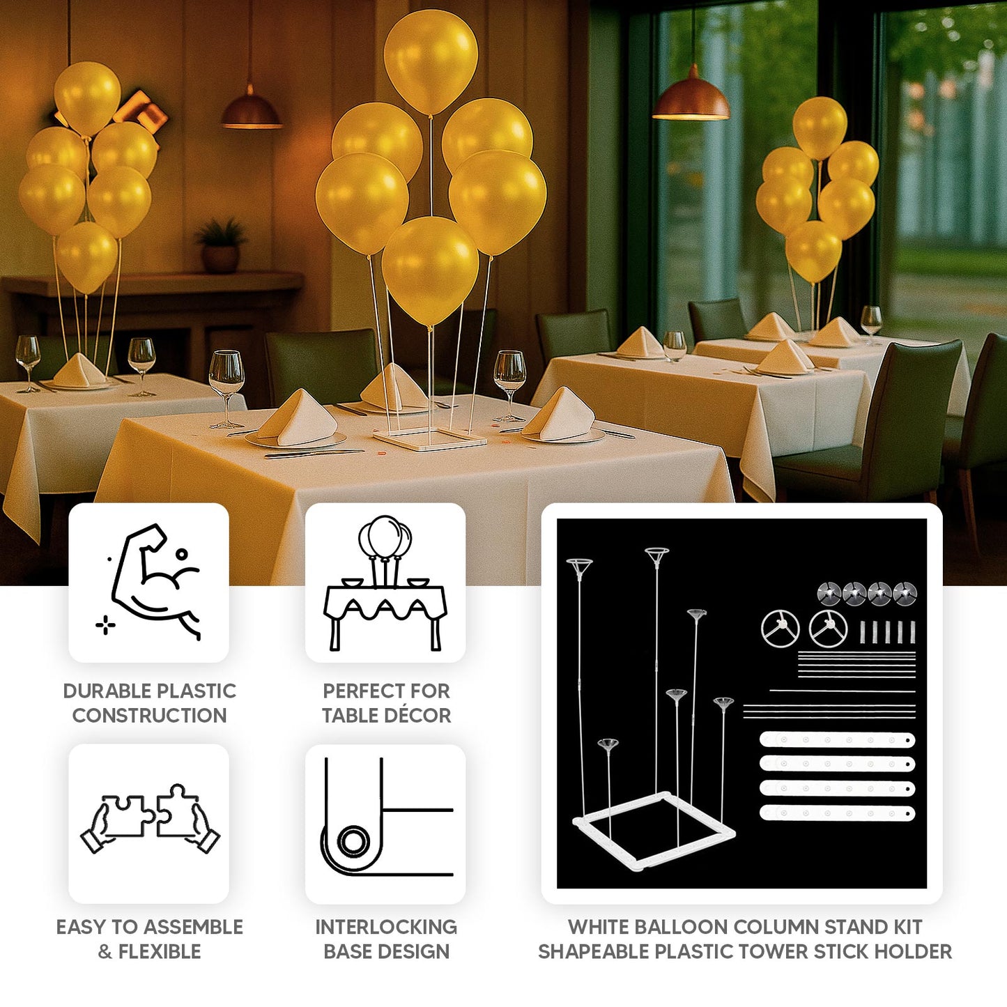 Set of 2 white plastic balloon column stands for table centerpieces.