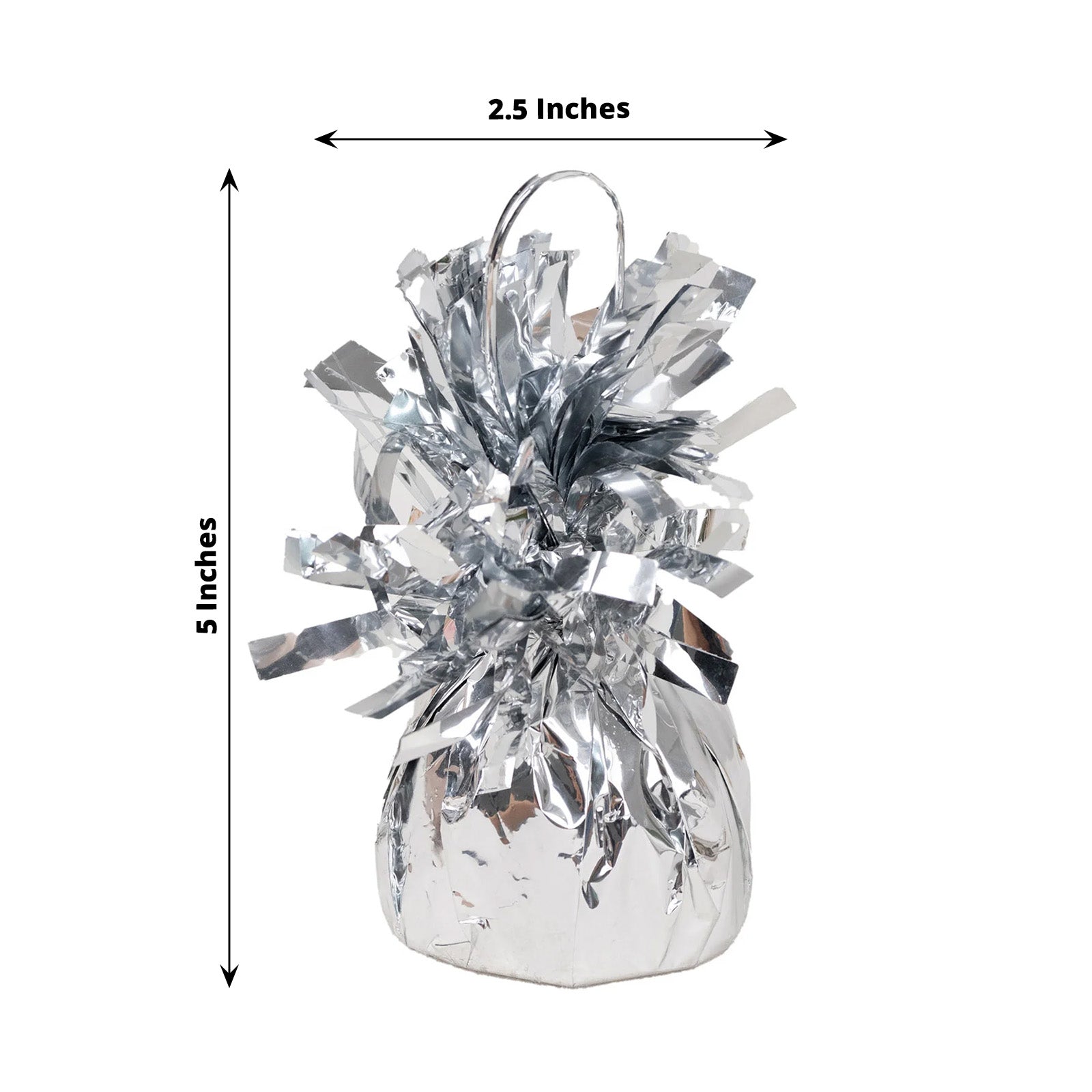 Metallic silver foil tassel top balloon weight, 5.5oz, 12 pack.