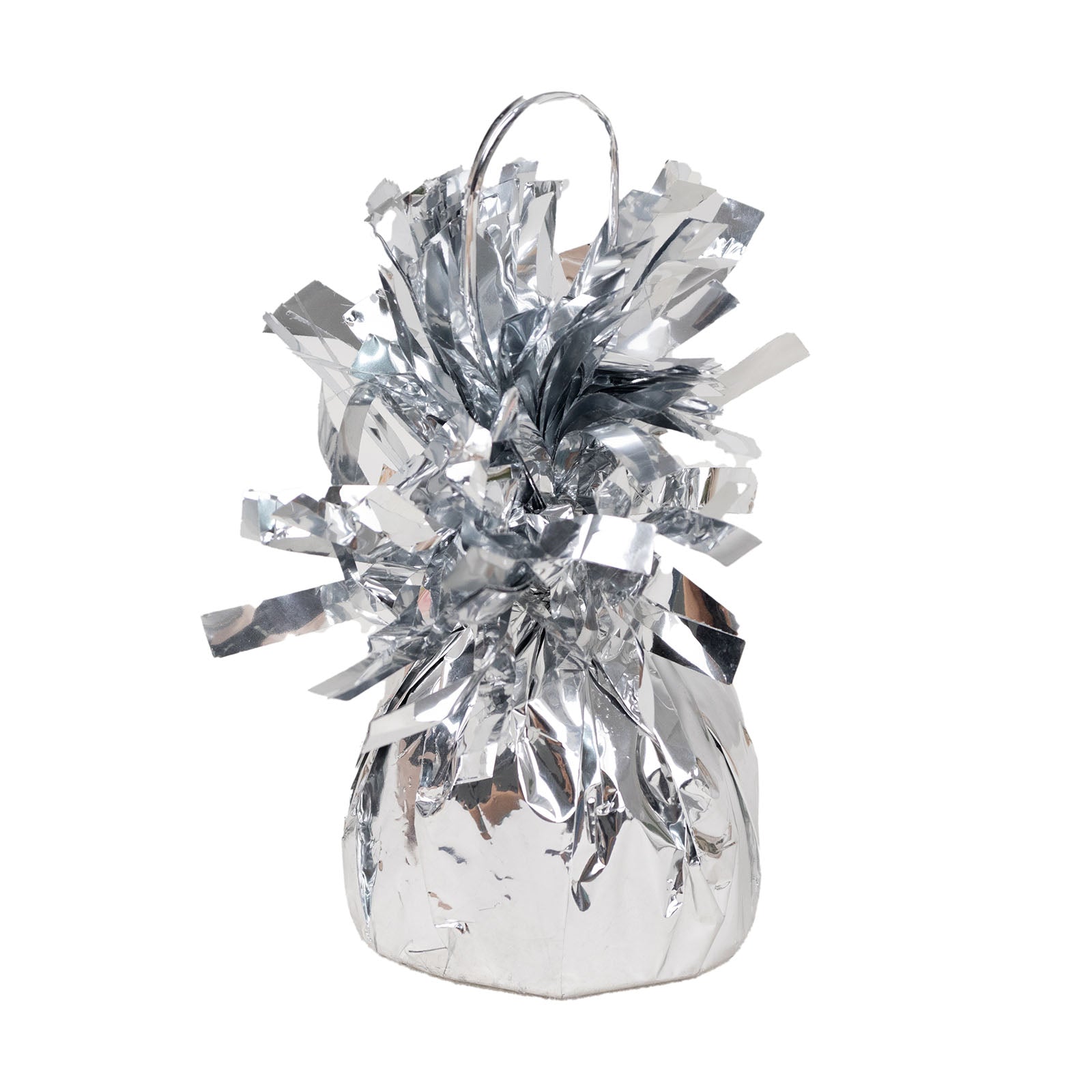 Metallic silver foil tassel top party balloon weight, 5.5oz.