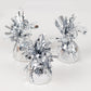 Metallic silver foil tassel top party balloon weights, 5-pack.