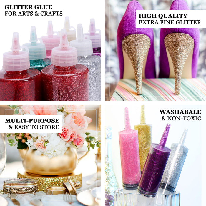 Metallic purple glitter glue for arts and crafts in squeeze bottles.