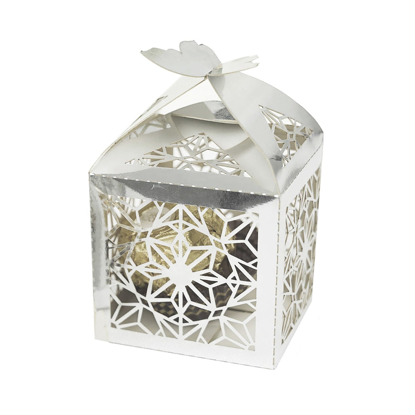 Silver butterfly top laser cut lace favor candy gift box.