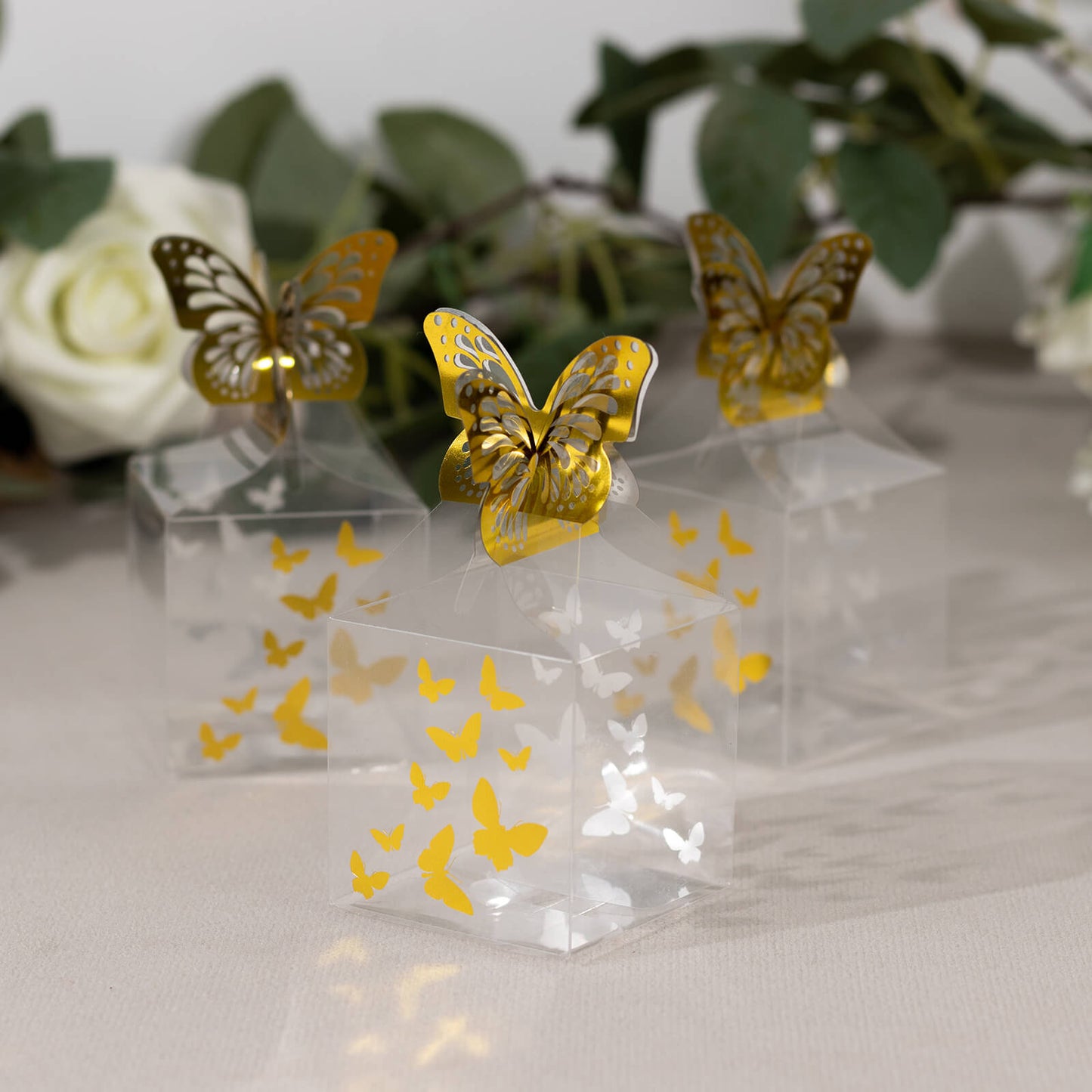 25 Pack Clear Transparent Square Party Favor Boxes with Gold Butterfly Top, Clear Candy Treat Gift Boxes - 2"x2"x4"
