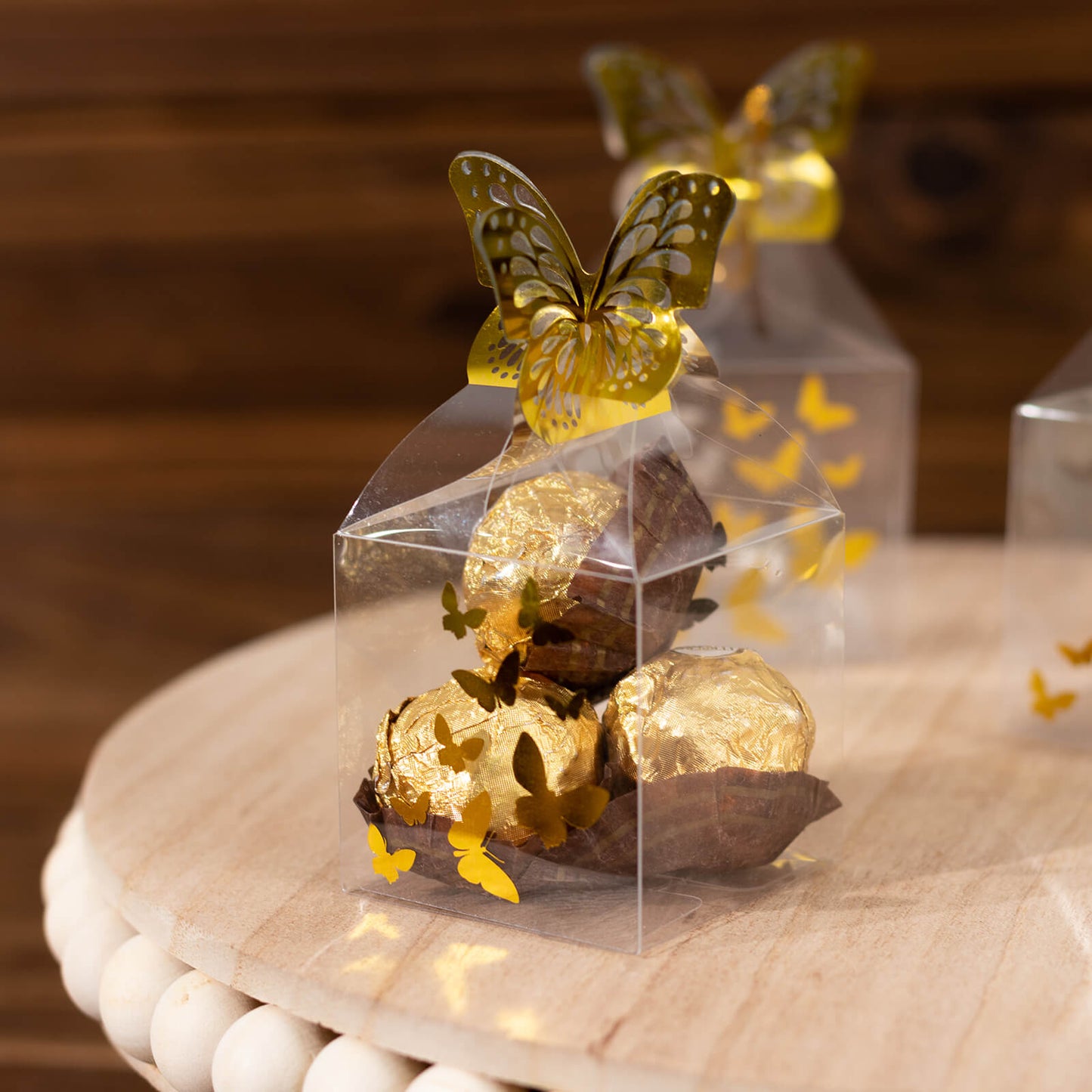 25 Pack Clear Transparent Square Party Favor Boxes with Gold Butterfly Top, Clear Candy Treat Gift Boxes - 2"x2"x4"