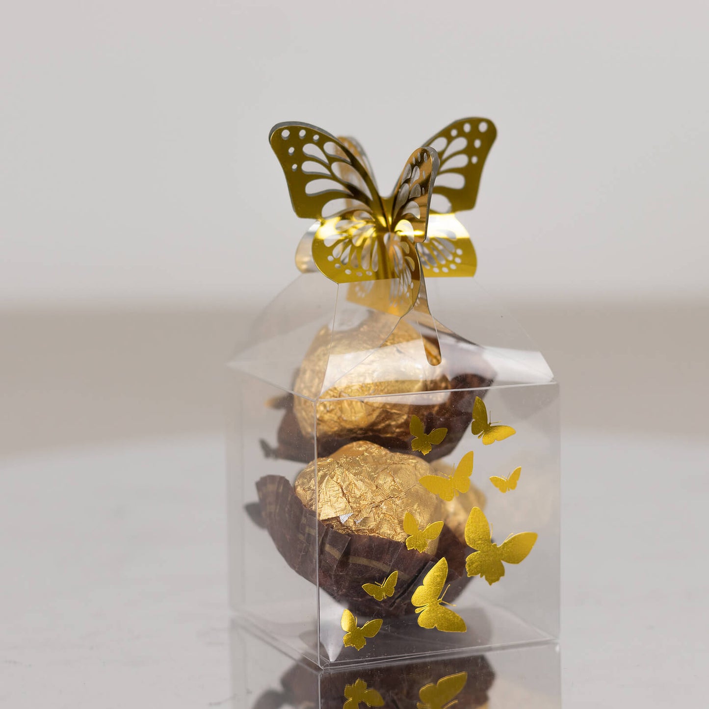 25 Pack Clear Transparent Square Party Favor Boxes with Gold Butterfly Top, Clear Candy Treat Gift Boxes - 2"x2"x4"