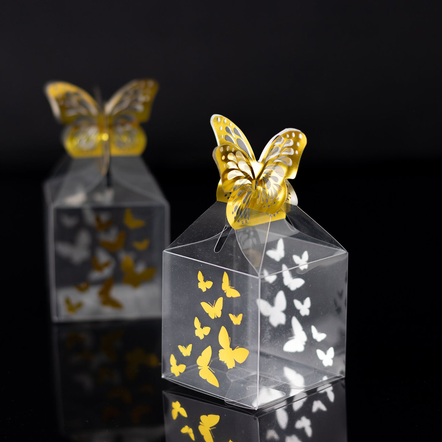 25 Pack Clear Transparent Square Party Favor Boxes with Gold Butterfly Top, Clear Candy Treat Gift Boxes - 2"x2"x4"