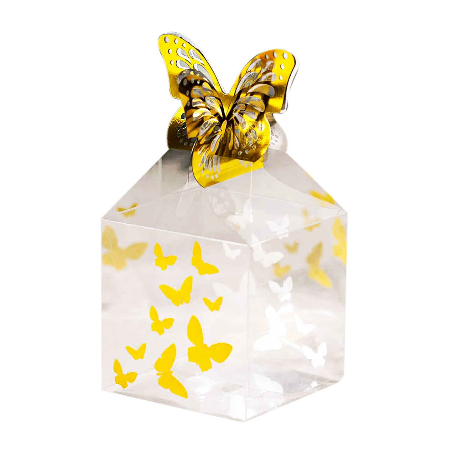 25 Pack Clear Transparent Square Party Favor Boxes with Gold Butterfly Top, Clear Candy Treat Gift Boxes - 2"x2"x4"