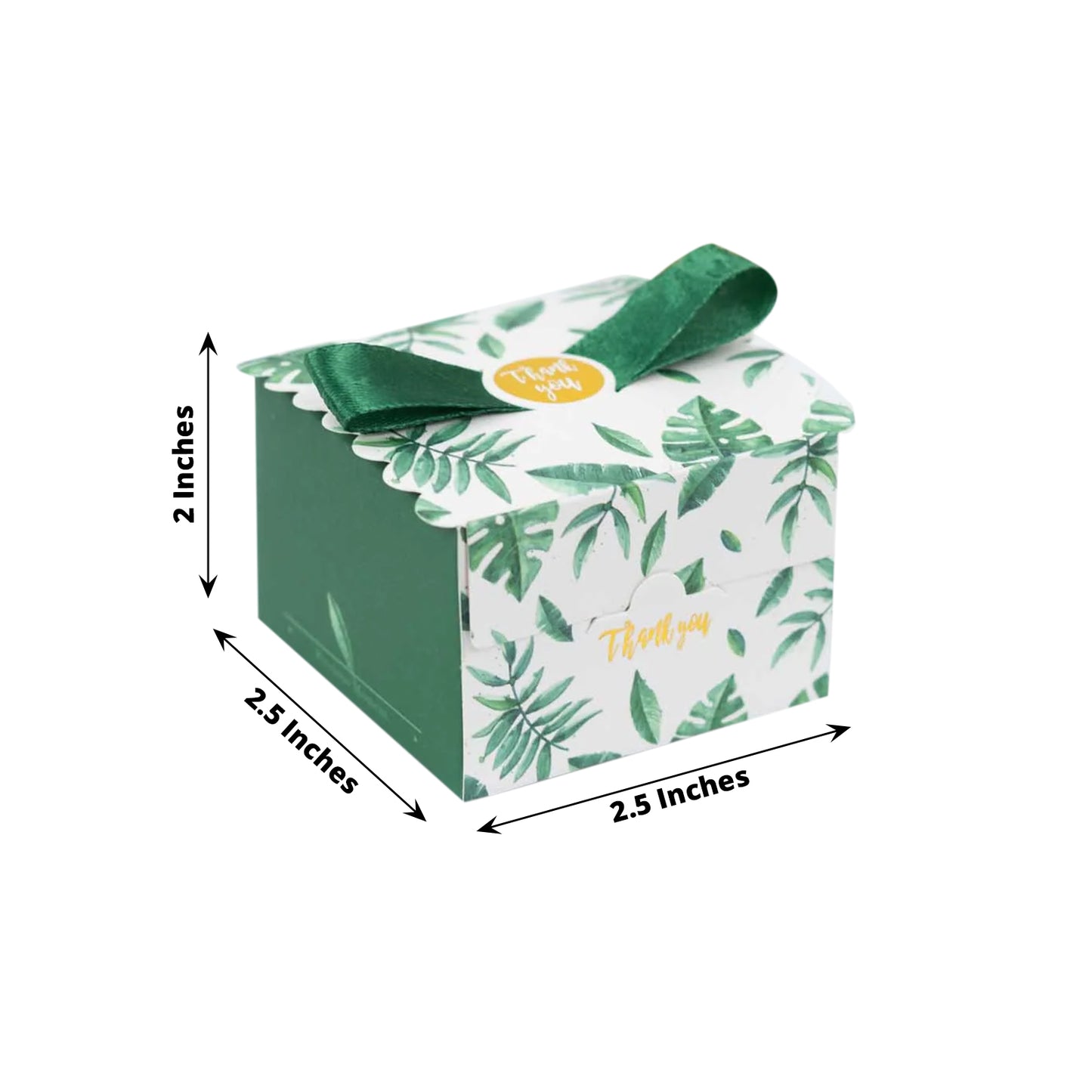 Green monstera leaf print candy gift box with satin ribbon bow.
