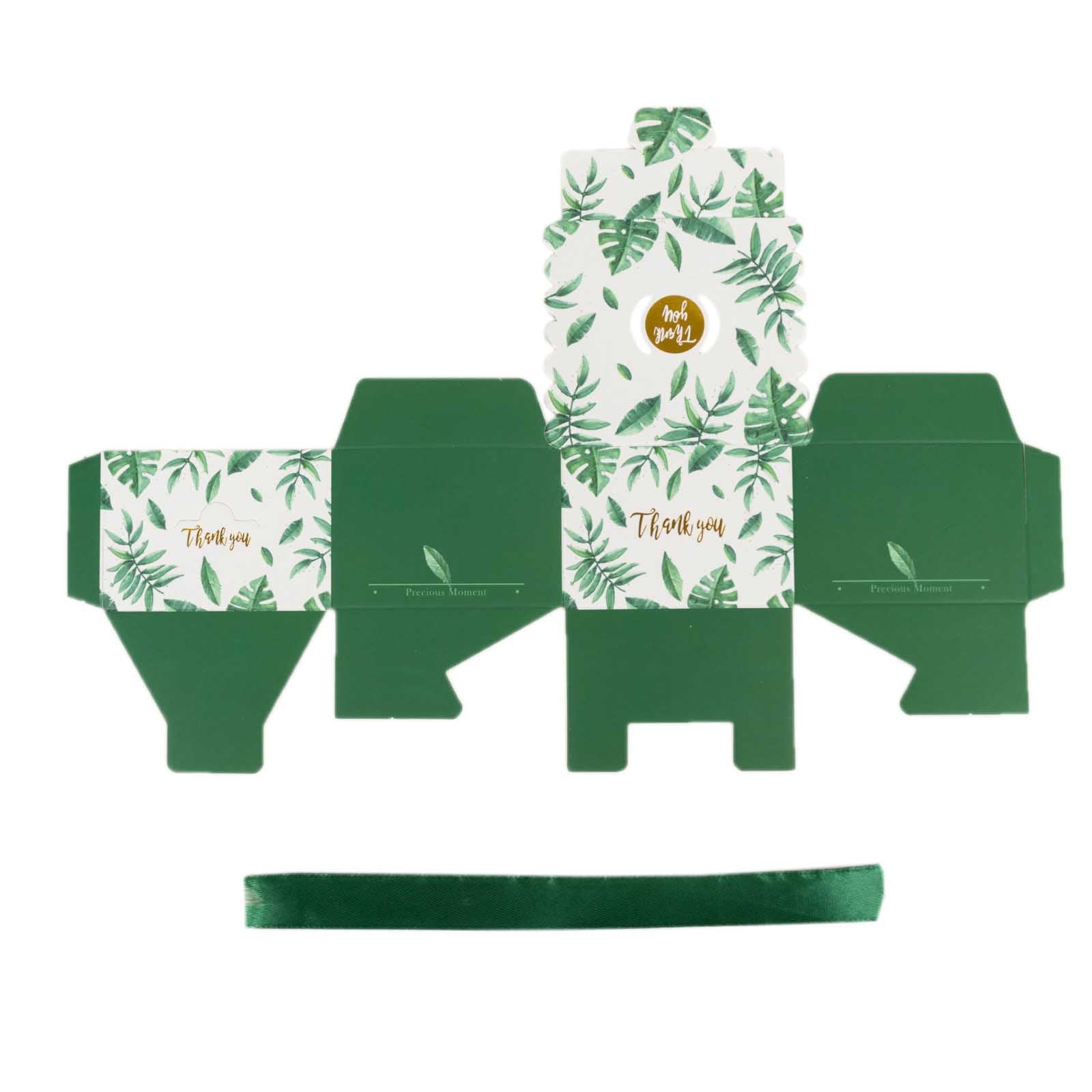 Green monstera leaf print candy gift boxes with satin ribbon.