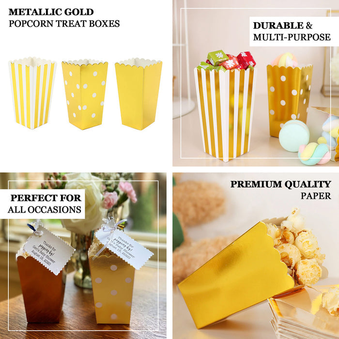 Gold popcorn treat boxes in various designs for events and parties.