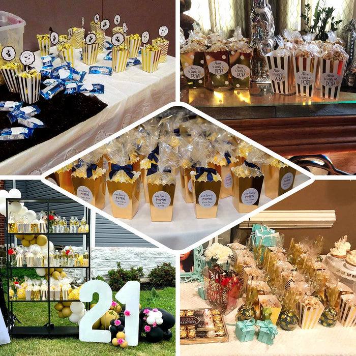 White and gold popcorn style favor boxes with assorted designs.