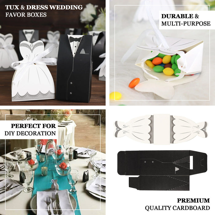 Wedding dress and tuxedo favor boxes in black and white.
