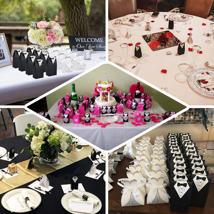 Black and white wedding dress and tuxedo favor boxes with ribbon ties.