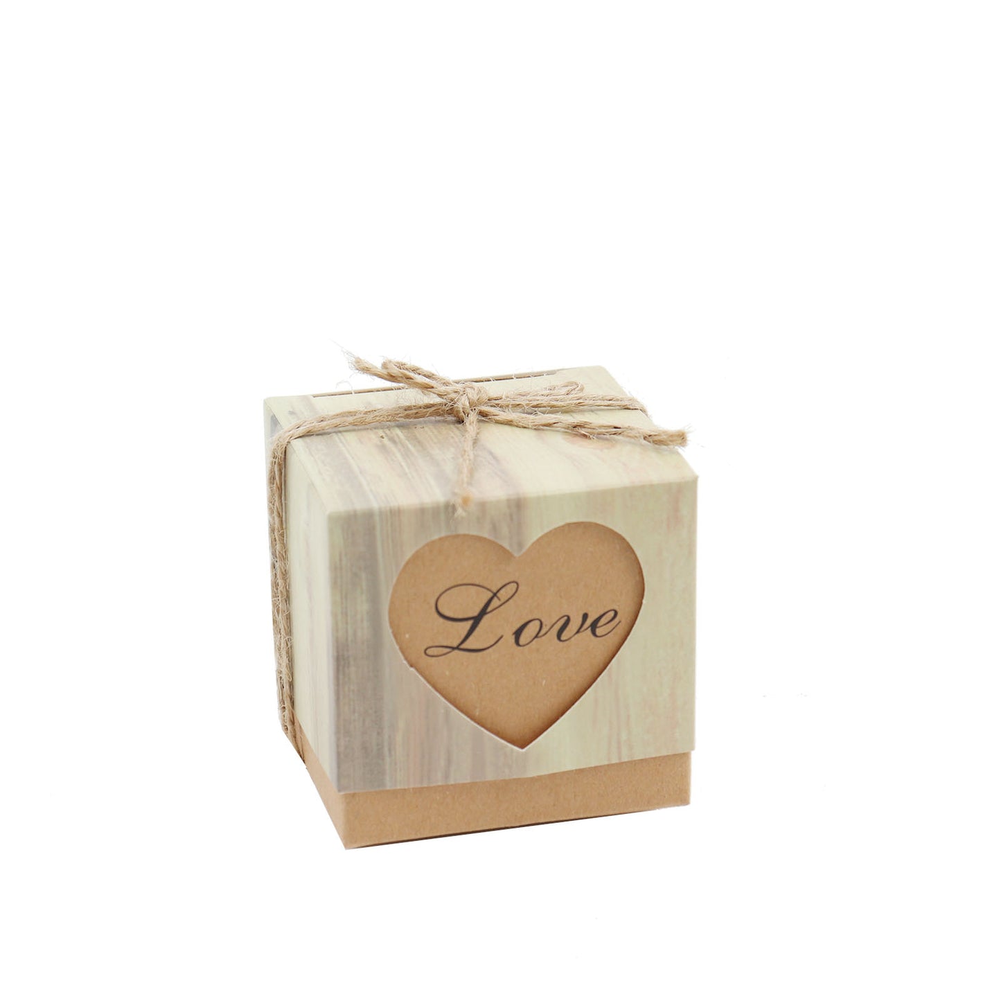 Natural brown rustic wood pattern candy gift box with twine and heart cut out.