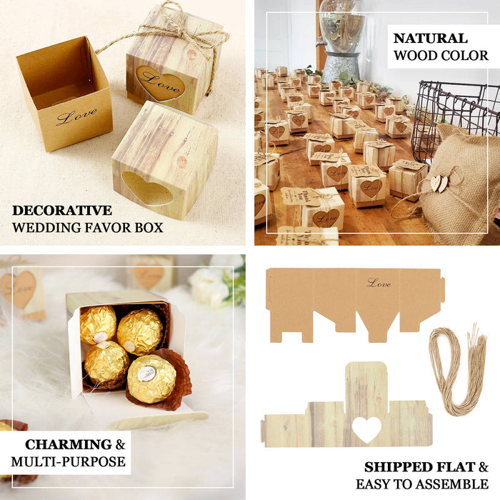 Natural wood color rustic gift boxes with heart cutouts, perfect for parties.
