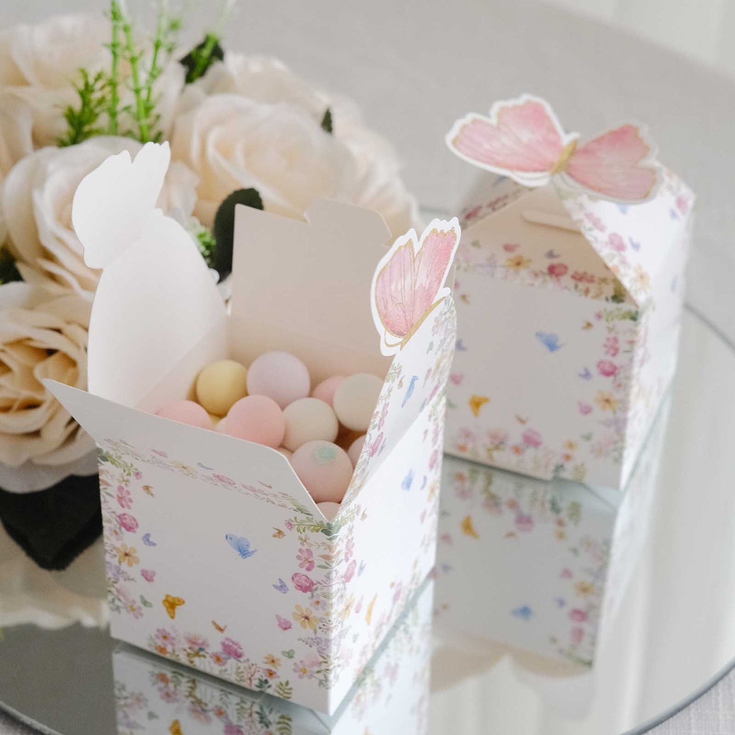 25 Pack White Pink Glitter Butterfly Top Candy Gift Boxes, 3"x4" Spring Floral Party Favor Boxes