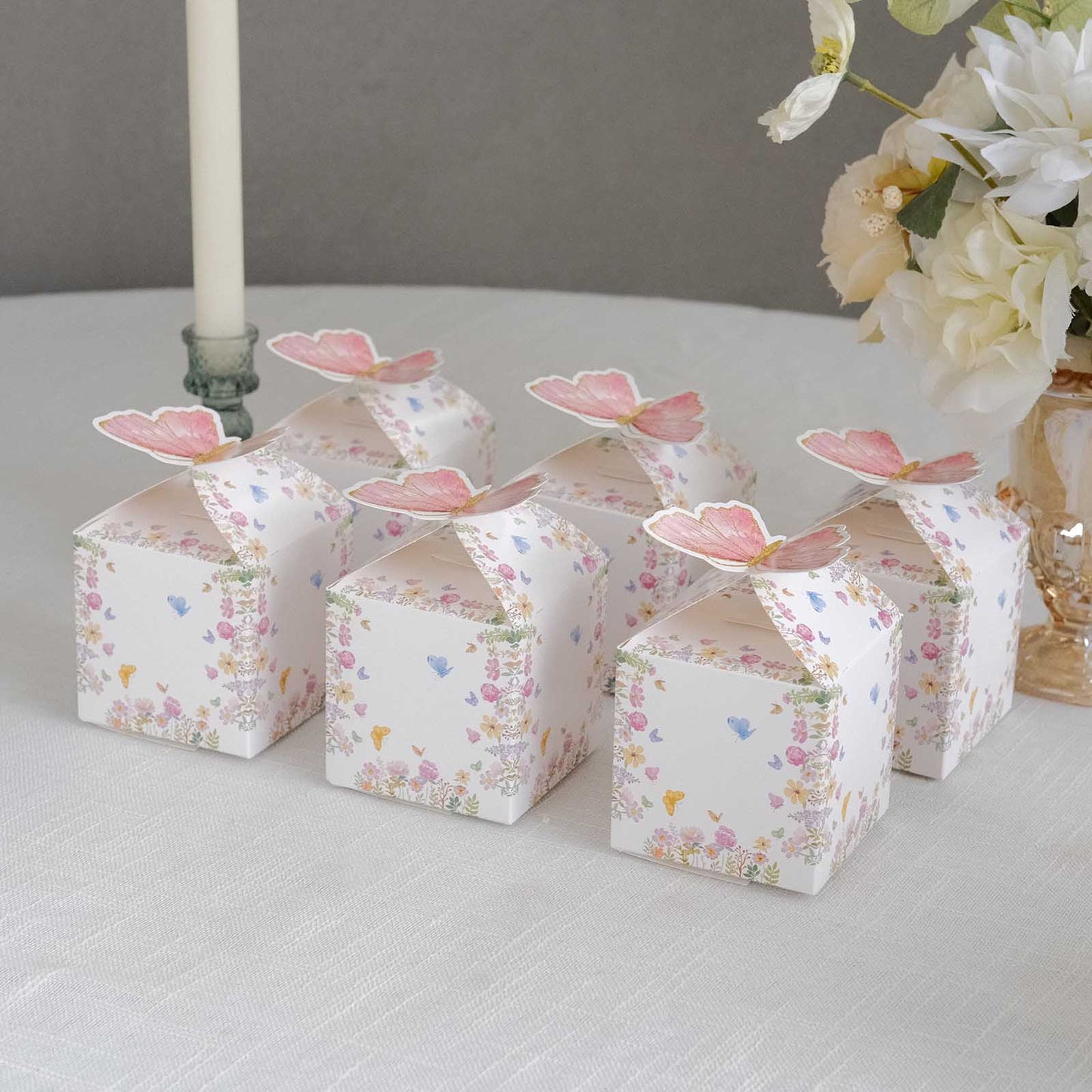 25 Pack White Pink Glitter Butterfly Top Candy Gift Boxes, 3"x4" Spring Floral Party Favor Boxes