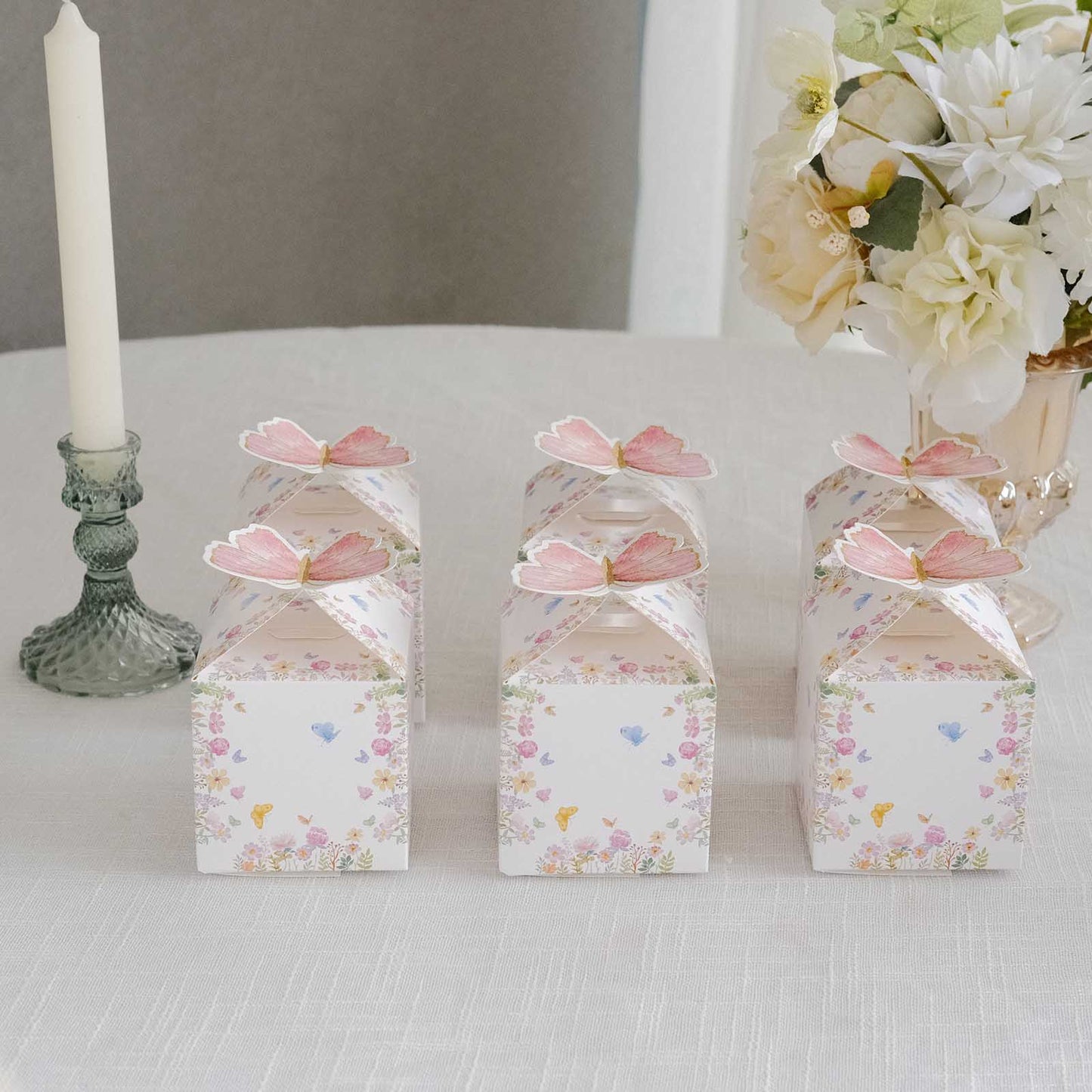 25 Pack White Pink Glitter Butterfly Top Candy Gift Boxes, 3"x4" Spring Floral Party Favor Boxes