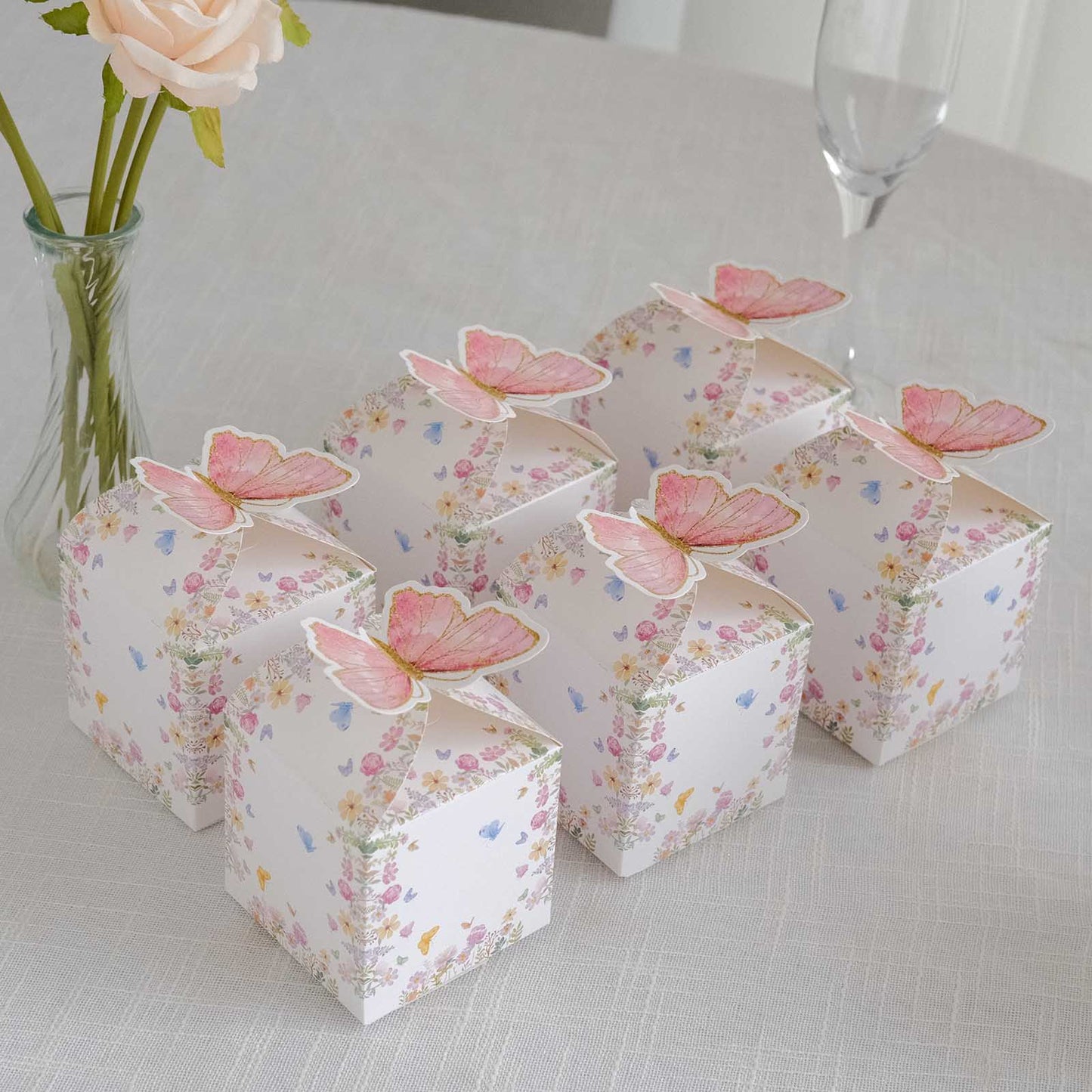 25 Pack White Pink Glitter Butterfly Top Candy Gift Boxes, 3"x4" Spring Floral Party Favor Boxes