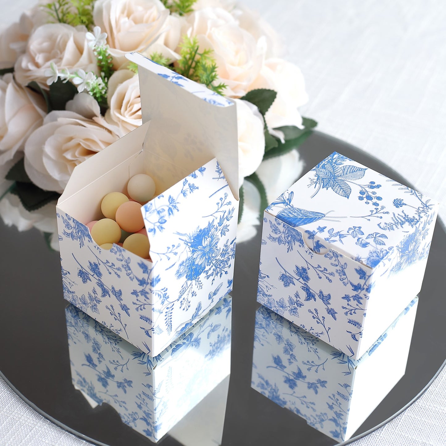 25 Pack White Blue Paper Favor Boxes in French Toile Pattern, Cardstock Party Shower Candy Gift Boxes - 3"x3"x3"