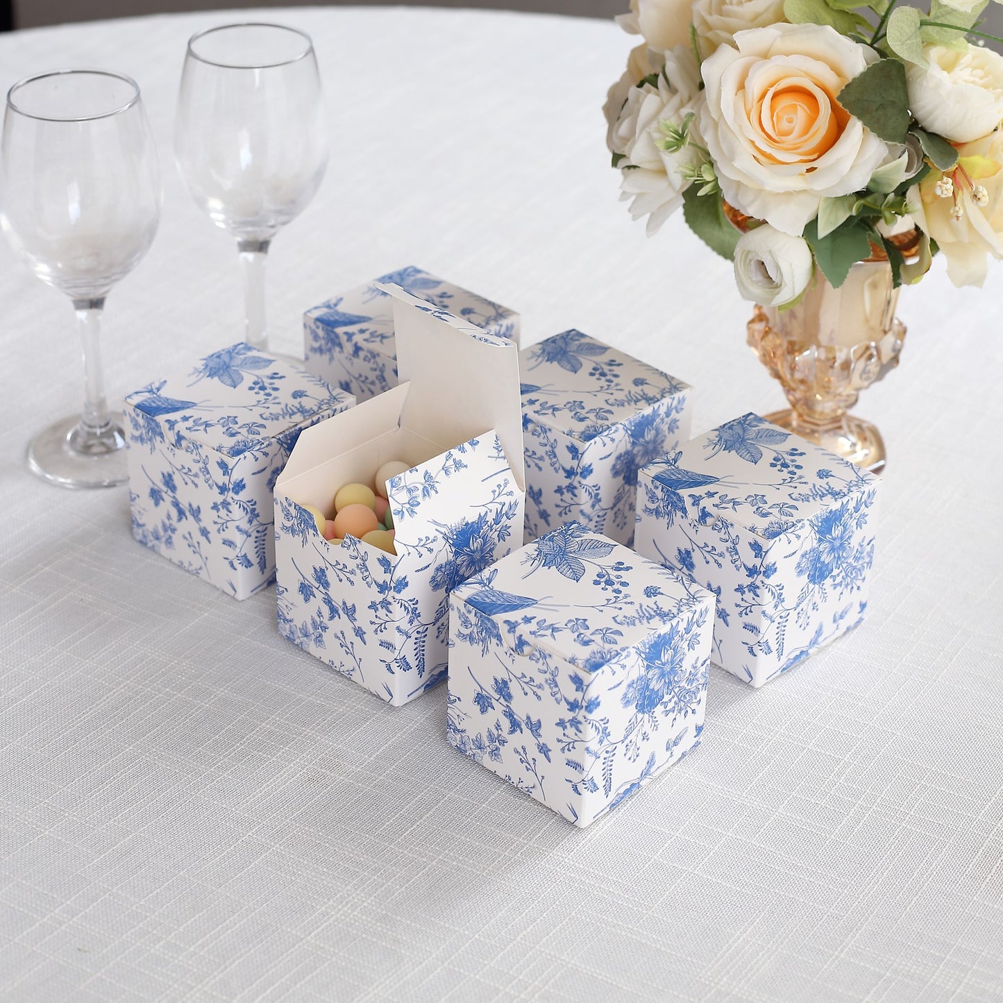 25 Pack White Blue Paper Favor Boxes in French Toile Pattern, Cardstock Party Shower Candy Gift Boxes - 3"x3"x3"