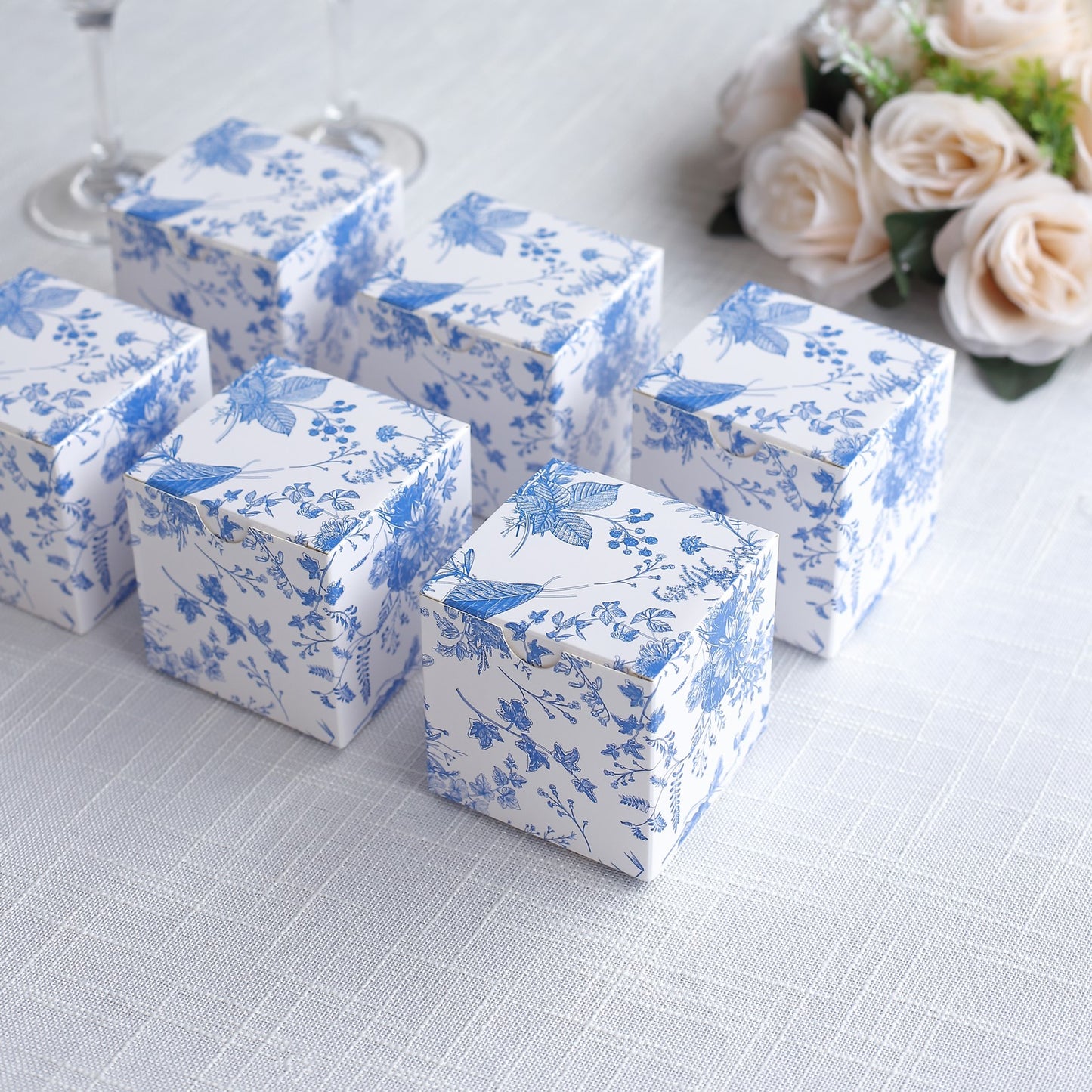 25 Pack White Blue Paper Favor Boxes in French Toile Pattern, Cardstock Party Shower Candy Gift Boxes - 3"x3"x3"