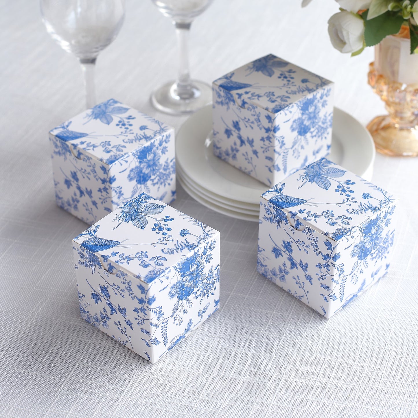 25 Pack White Blue Paper Favor Boxes in French Toile Pattern, Cardstock Party Shower Candy Gift Boxes - 3"x3"x3"