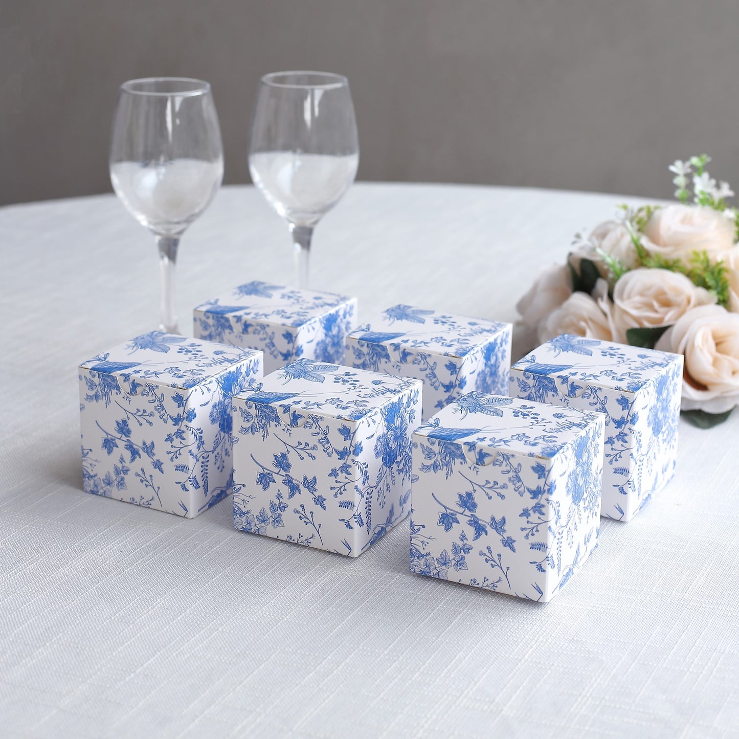 25 Pack White Blue Paper Favor Boxes in French Toile Pattern, Cardstock Party Shower Candy Gift Boxes - 3"x3"x3"