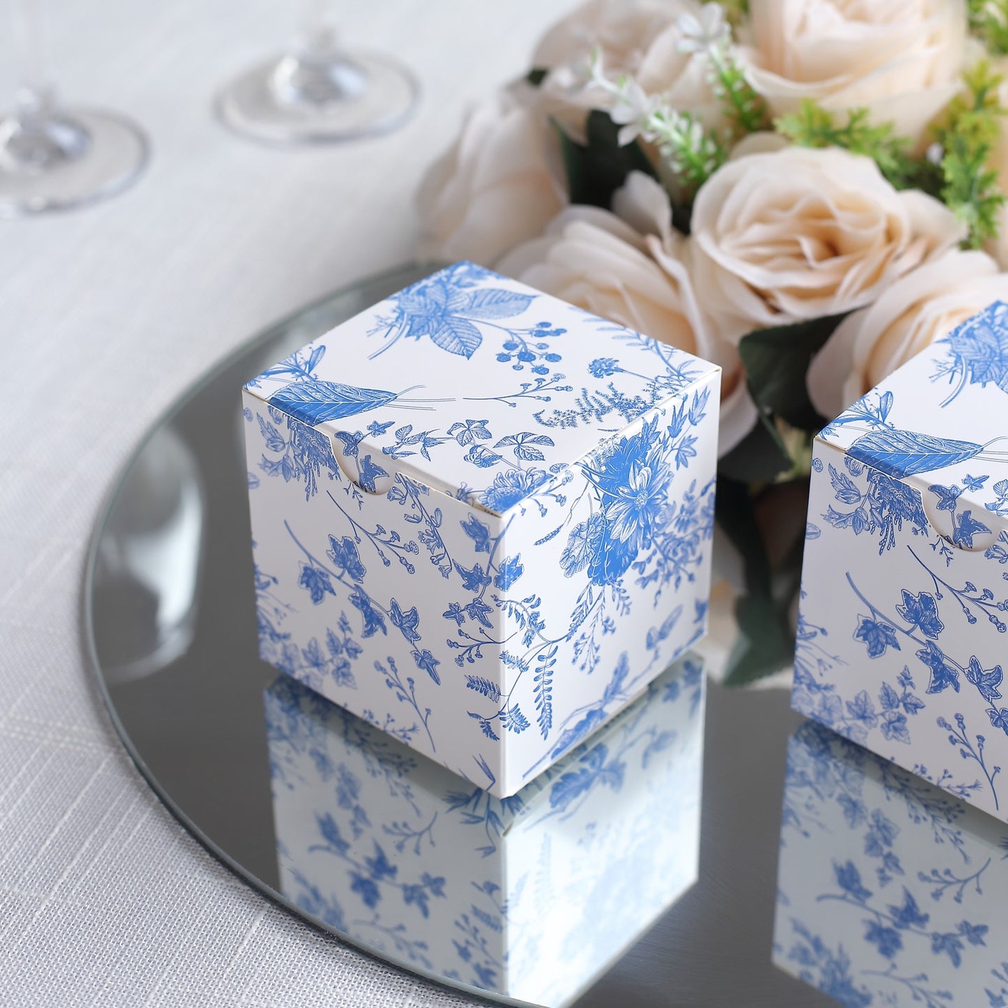 25 Pack White Blue Paper Favor Boxes in French Toile Pattern, Cardstock Party Shower Candy Gift Boxes - 3"x3"x3"