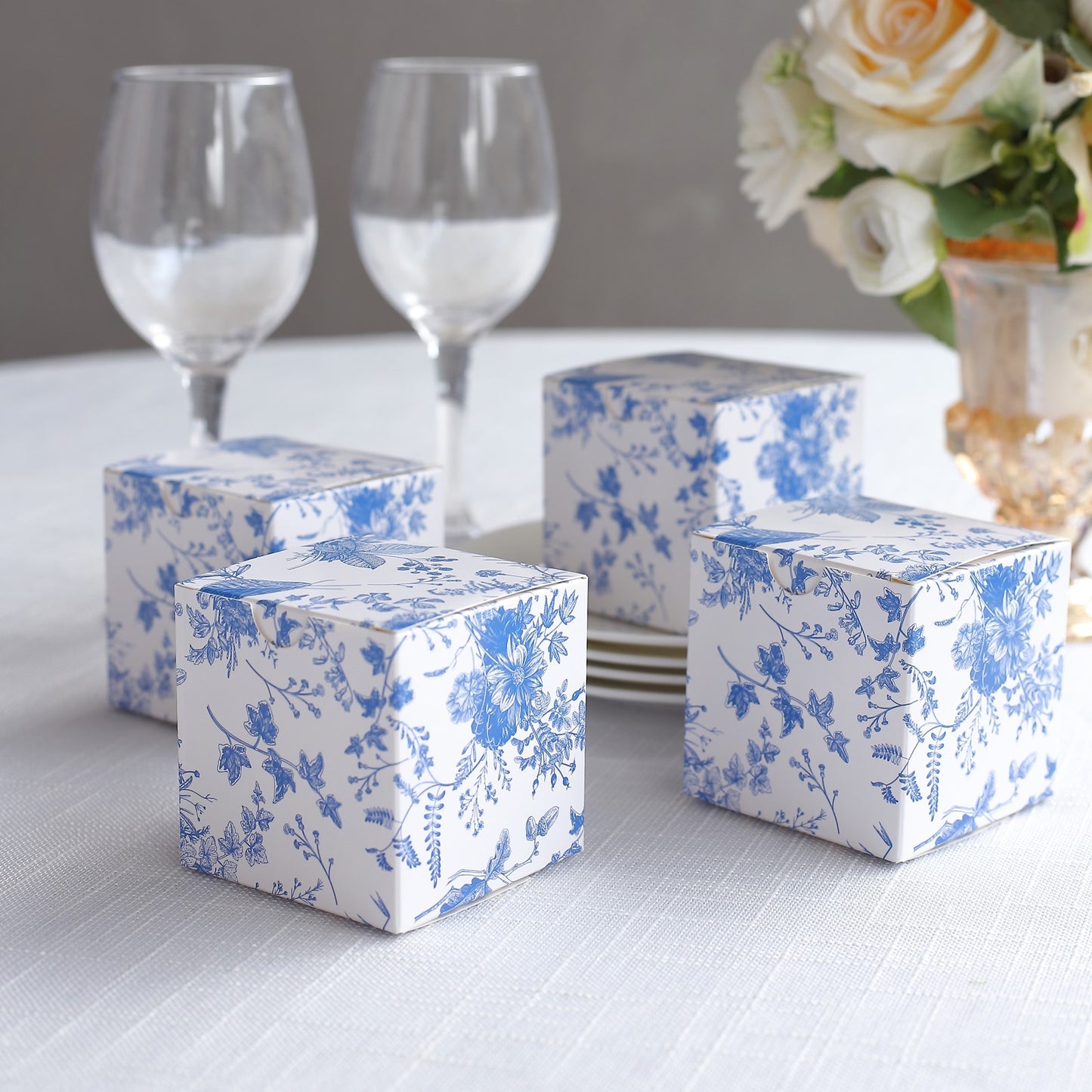 25 Pack White Blue Paper Favor Boxes in French Toile Pattern, Cardstock Party Shower Candy Gift Boxes - 3"x3"x3"