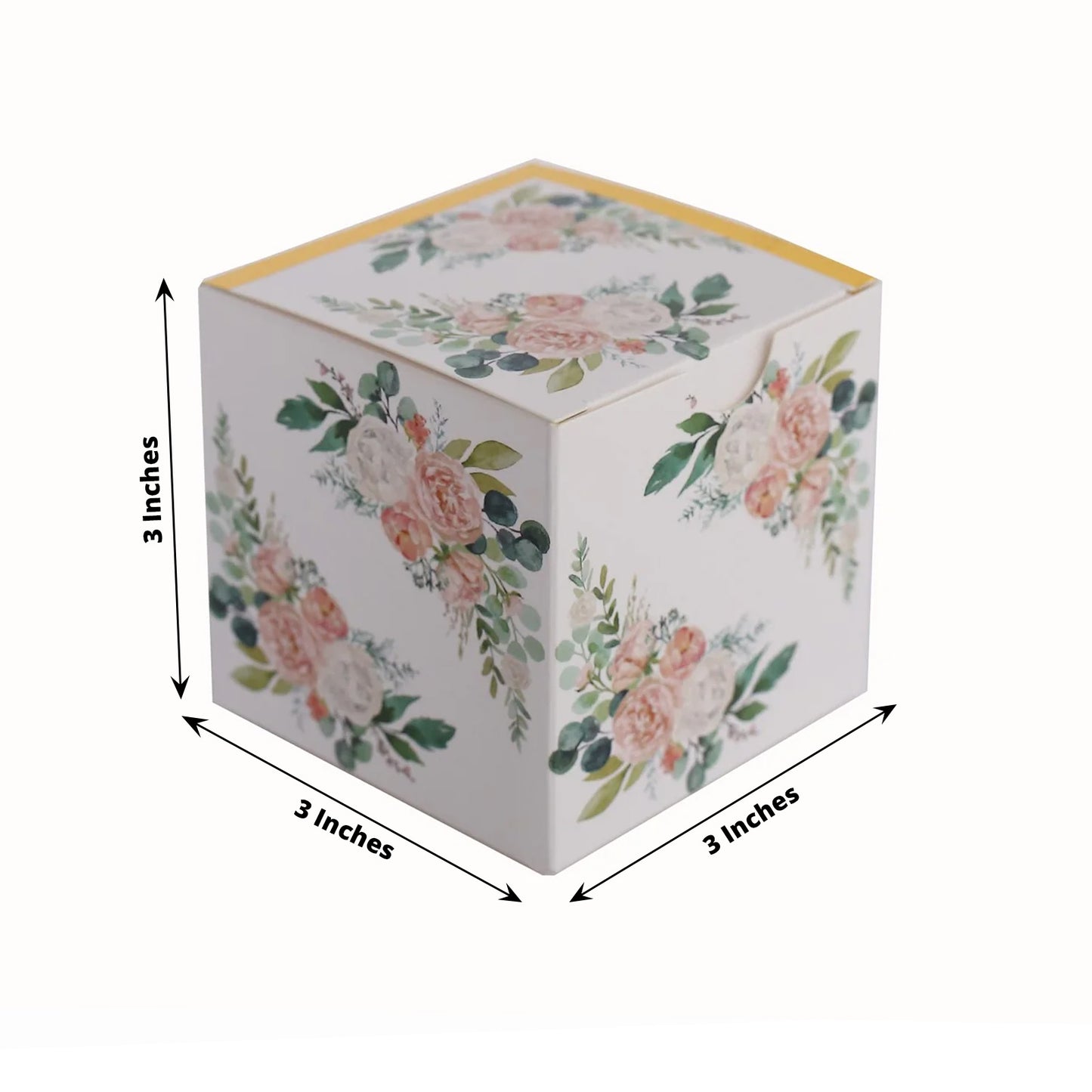 25 Pack White Pink Peony Flowers Print Paper Favor Boxes with Gold Edge, Cardstock Party Shower Candy Gift Boxes - 3"x3"x3"