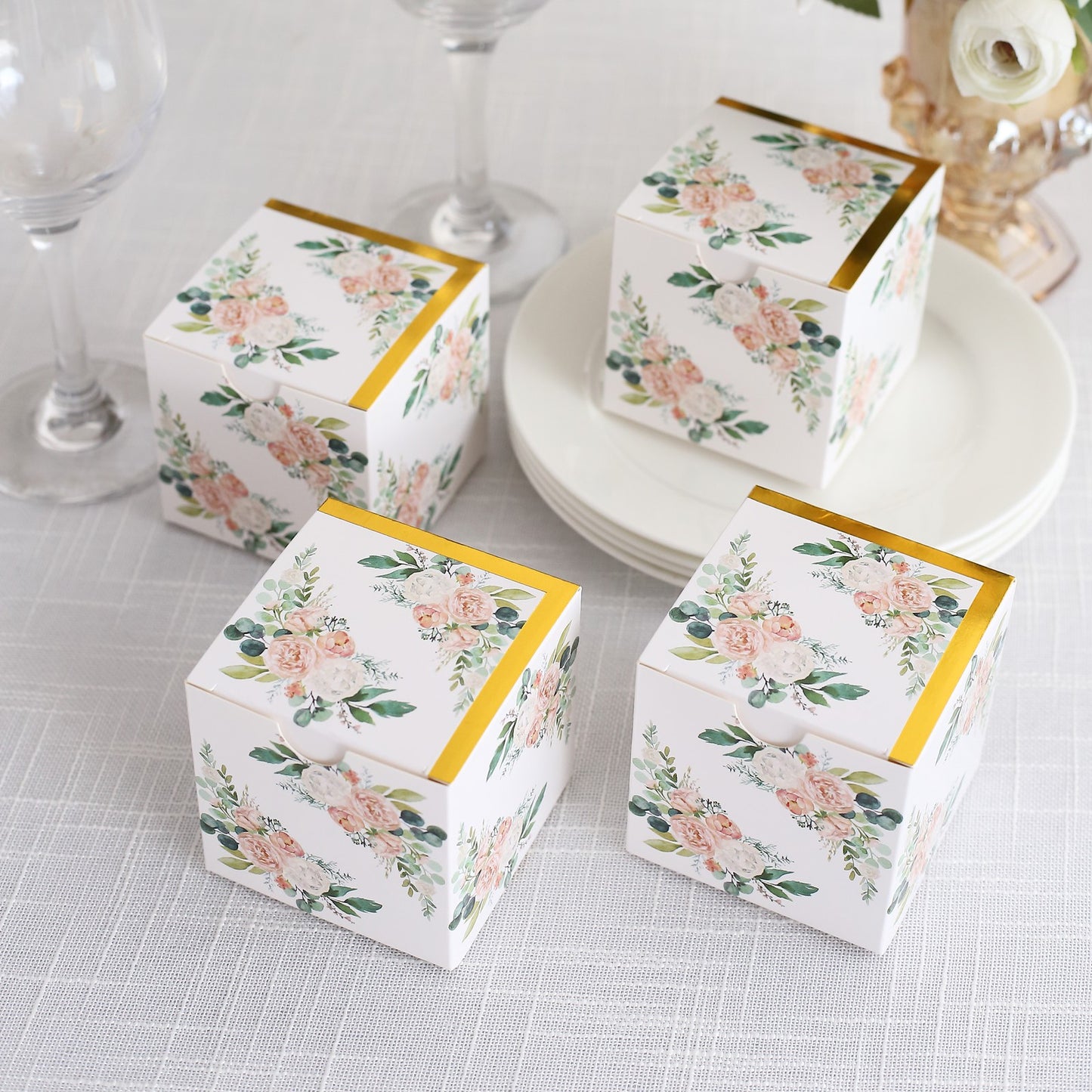 25 Pack White Pink Peony Flowers Print Paper Favor Boxes with Gold Edge, Cardstock Party Shower Candy Gift Boxes - 3"x3"x3"