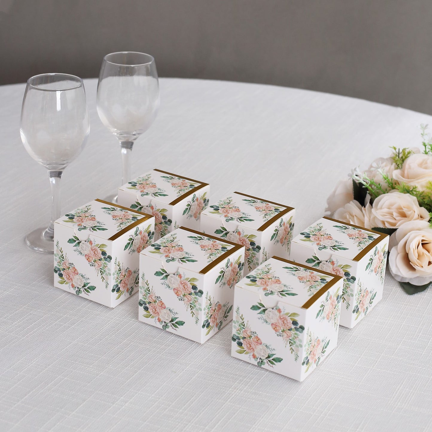 25 Pack White Pink Peony Flowers Print Paper Favor Boxes with Gold Edge, Cardstock Party Shower Candy Gift Boxes - 3"x3"x3"