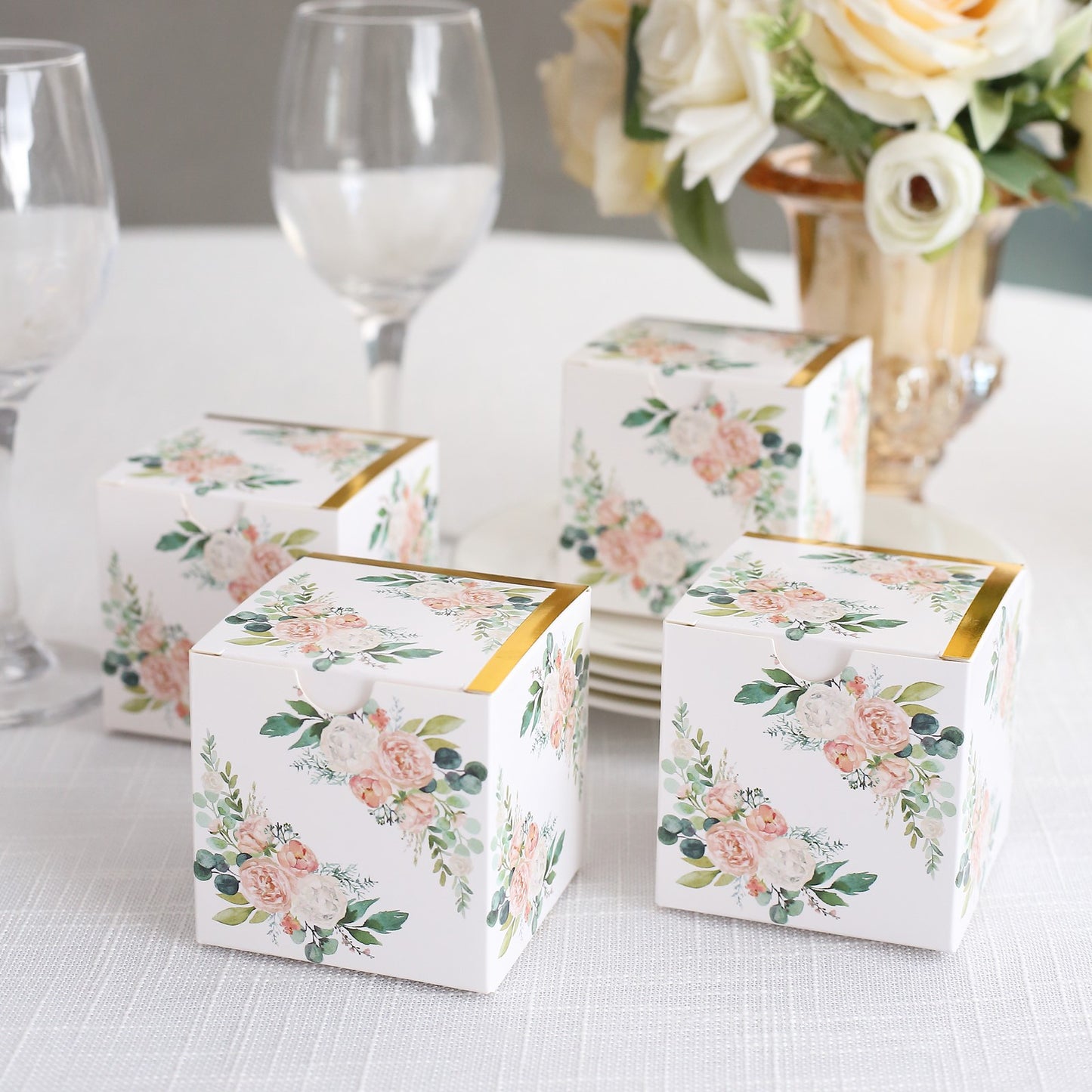 25 Pack White Pink Peony Flowers Print Paper Favor Boxes with Gold Edge, Cardstock Party Shower Candy Gift Boxes - 3"x3"x3"