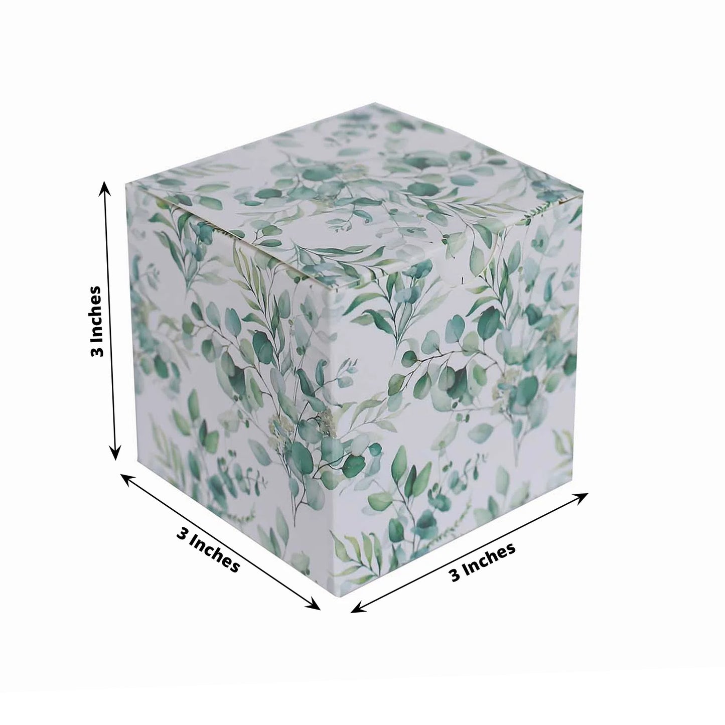 25 Pack White Green Eucalyptus Leaves Print Paper Favor Boxes, Cardstock Party Shower Candy Gift Boxes - 3"x3"x3"