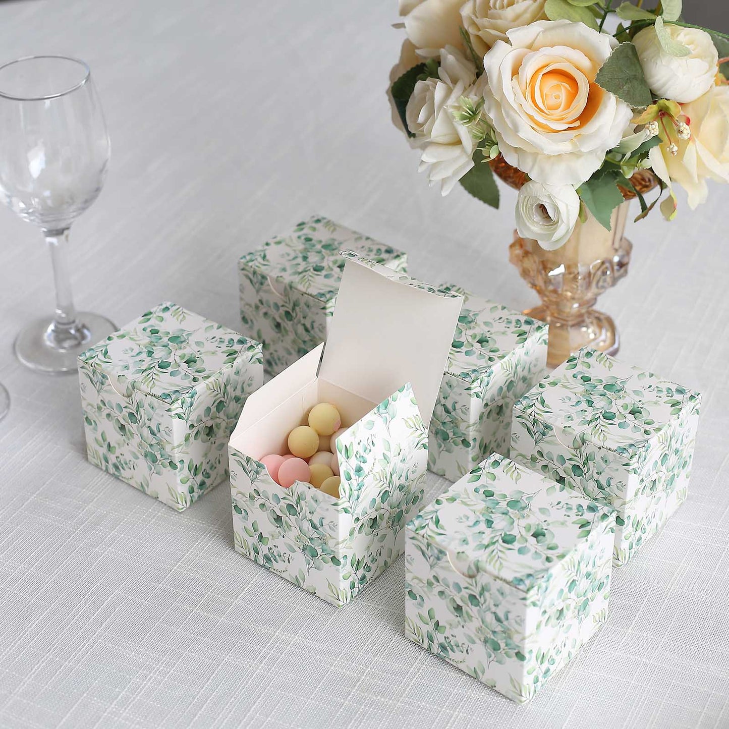 25 Pack White Green Eucalyptus Leaves Print Paper Favor Boxes, Cardstock Party Shower Candy Gift Boxes - 3"x3"x3"