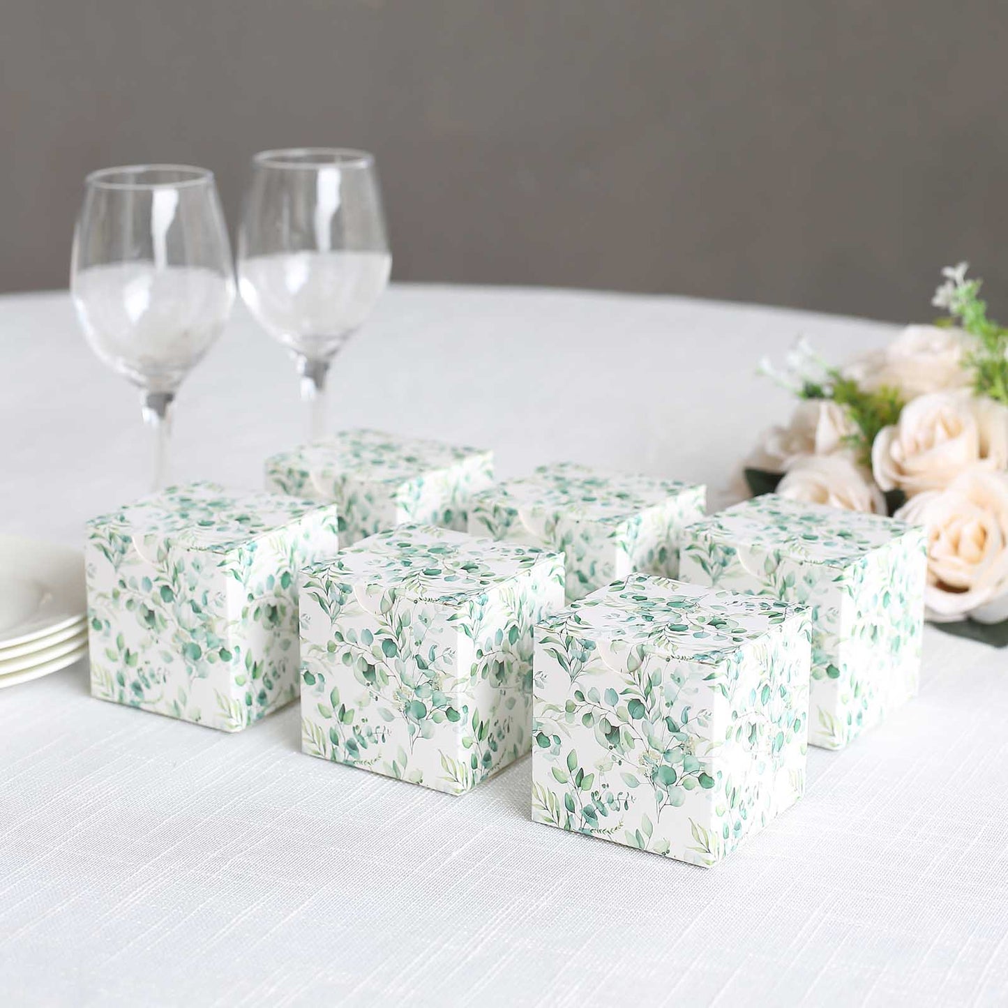 25 Pack White Green Eucalyptus Leaves Print Paper Favor Boxes, Cardstock Party Shower Candy Gift Boxes - 3"x3"x3"