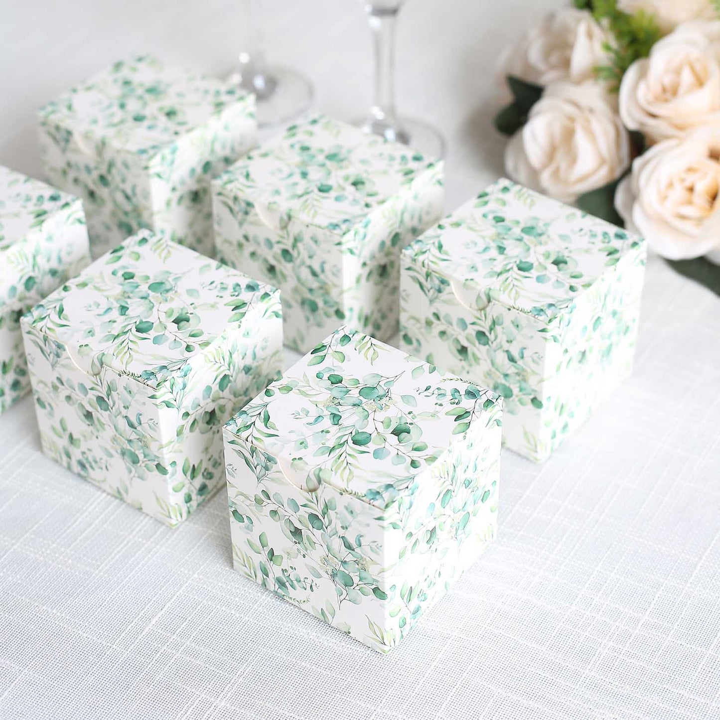 25 Pack White Green Eucalyptus Leaves Print Paper Favor Boxes, Cardstock Party Shower Candy Gift Boxes - 3"x3"x3"