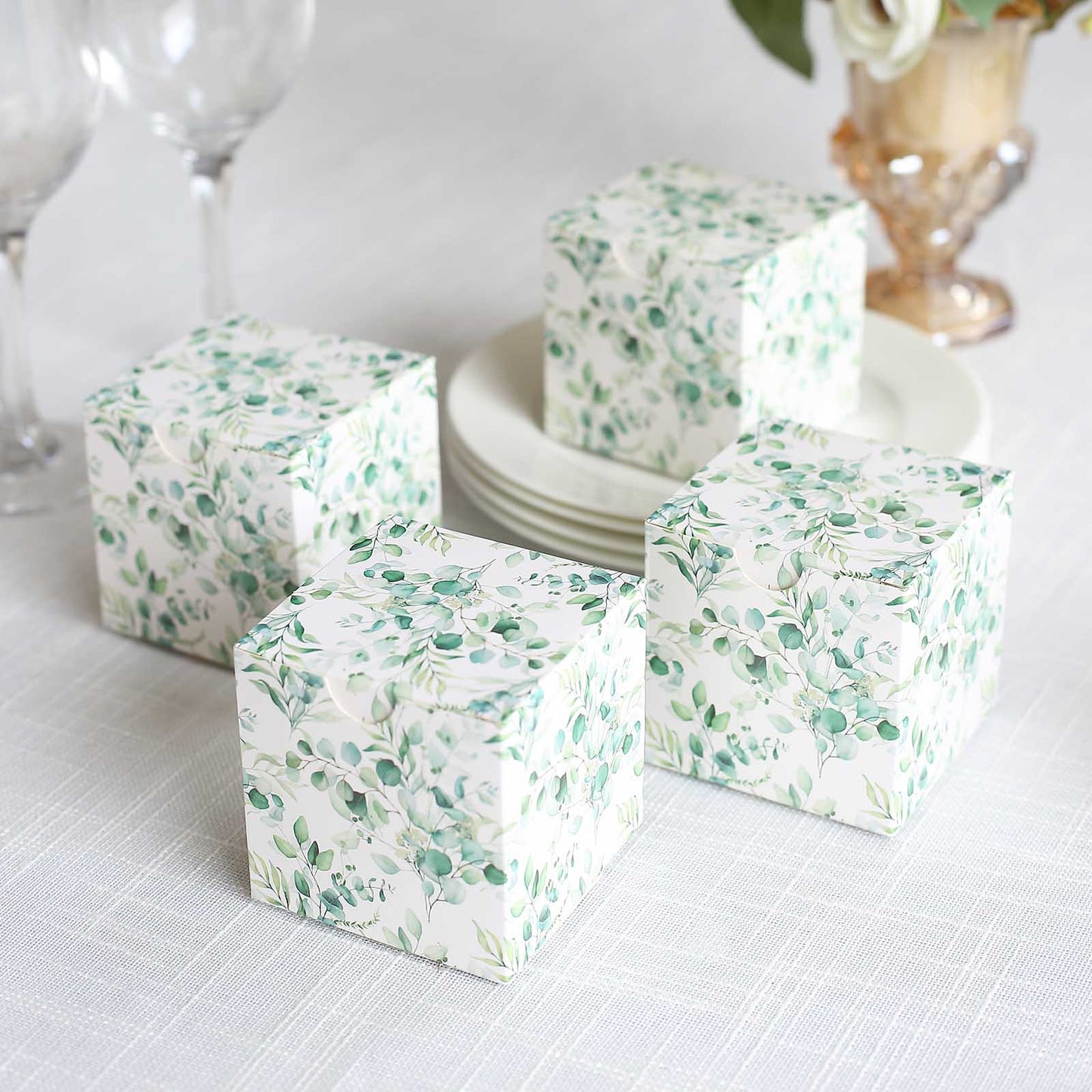 25 Pack White Green Eucalyptus Leaves Print Paper Favor Boxes, Cardstock Party Shower Candy Gift Boxes - 3"x3"x3"