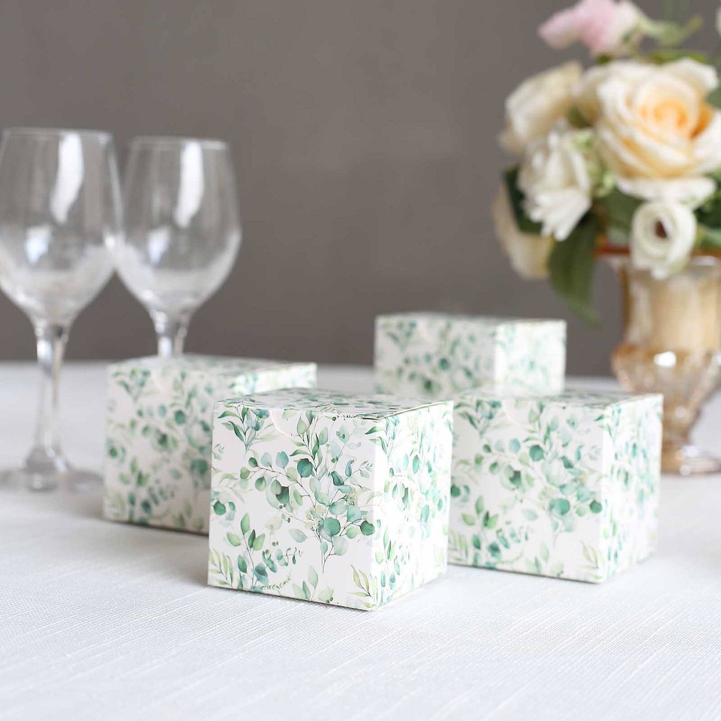 25 Pack White Green Eucalyptus Leaves Print Paper Favor Boxes, Cardstock Party Shower Candy Gift Boxes - 3"x3"x3"