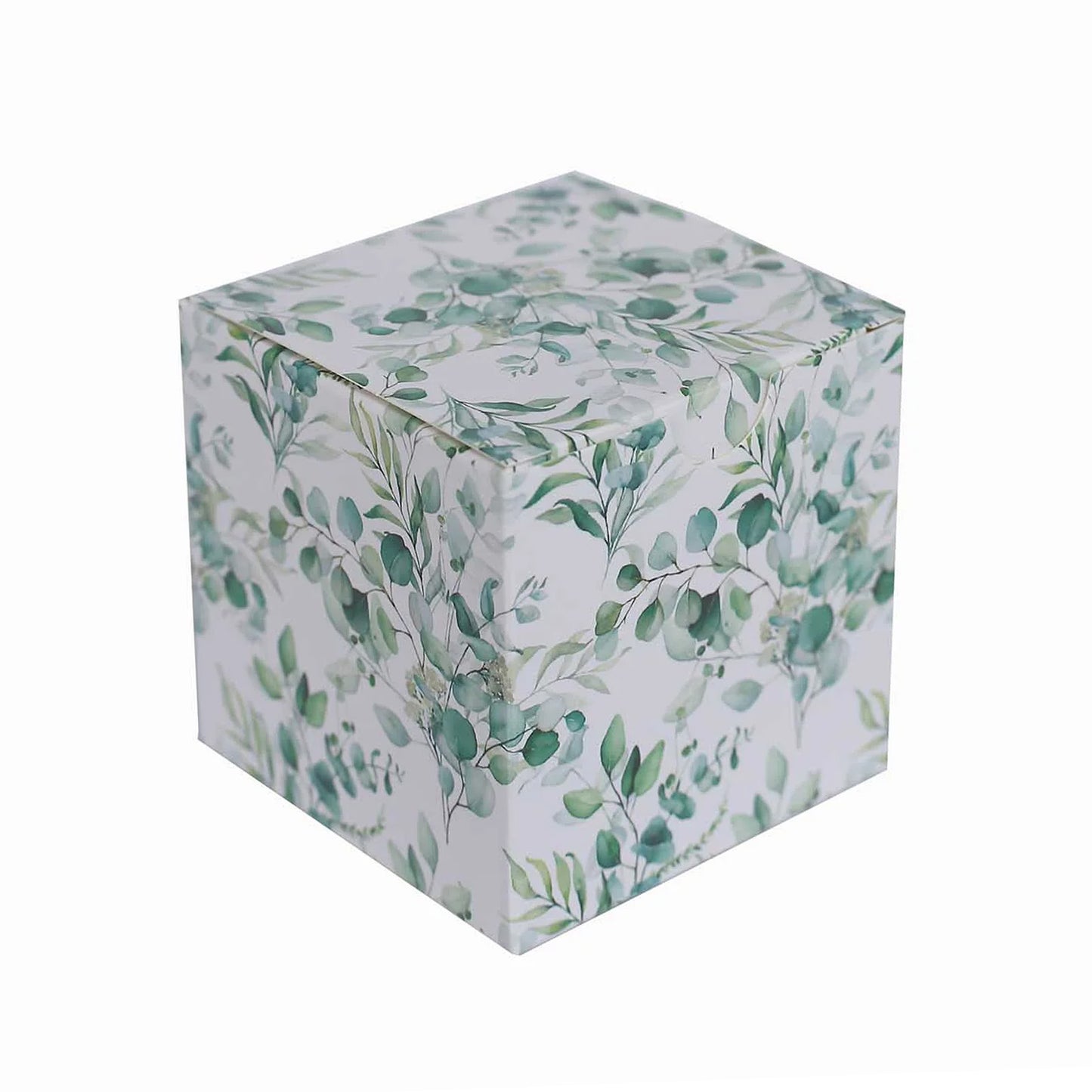 25 Pack White Green Eucalyptus Leaves Print Paper Favor Boxes, Cardstock Party Shower Candy Gift Boxes - 3"x3"x3"