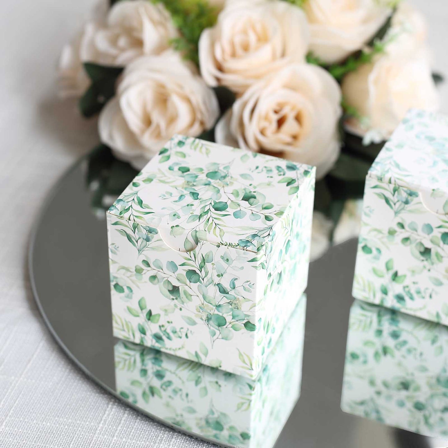 25 Pack White Green Eucalyptus Leaves Print Paper Favor Boxes, Cardstock Party Shower Candy Gift Boxes - 3"x3"x3"