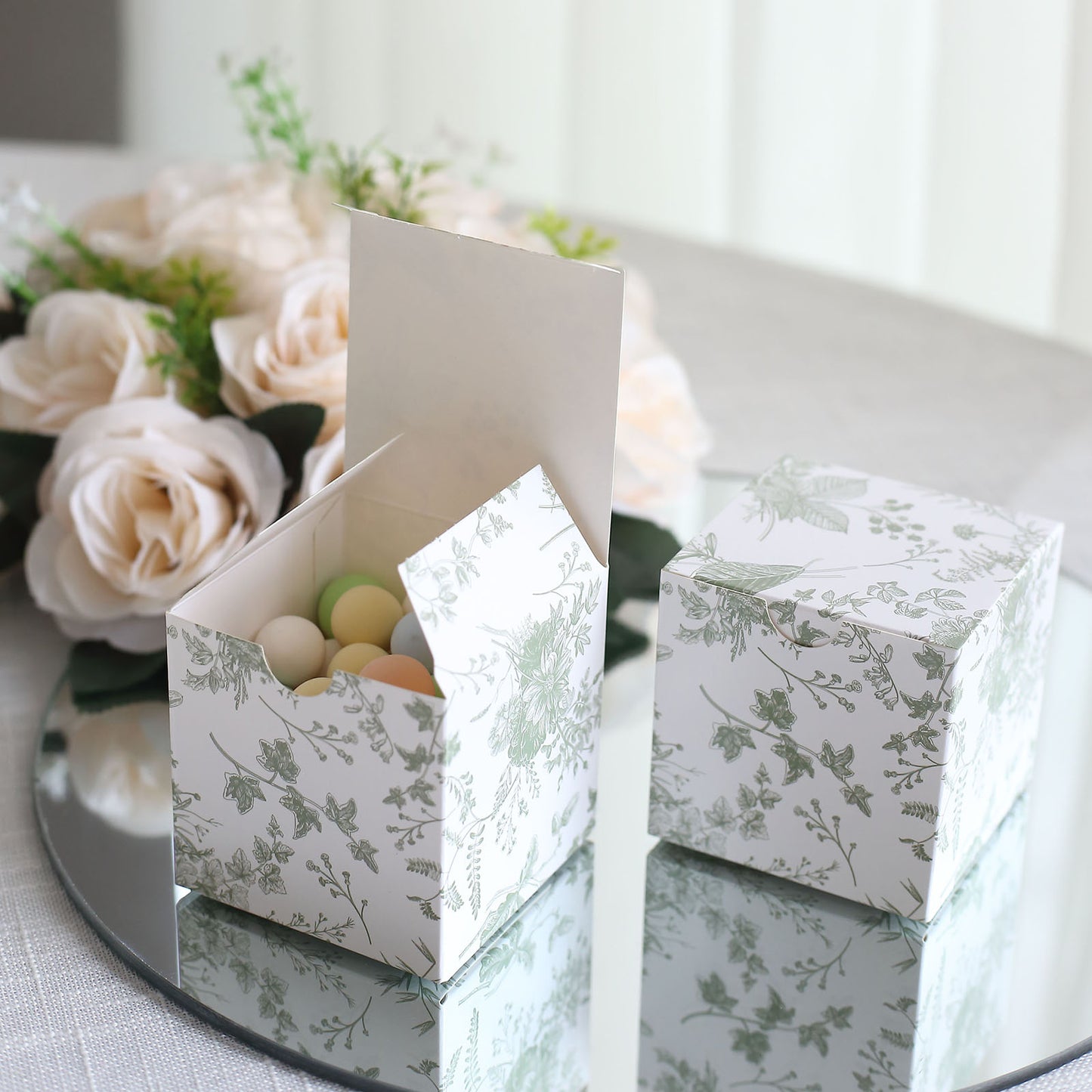 25 Pack White Sage Green Paper Favor Boxes in French Toile Pattern, Cardstock Party Shower Candy Gift Boxes - 3"x3"x3"